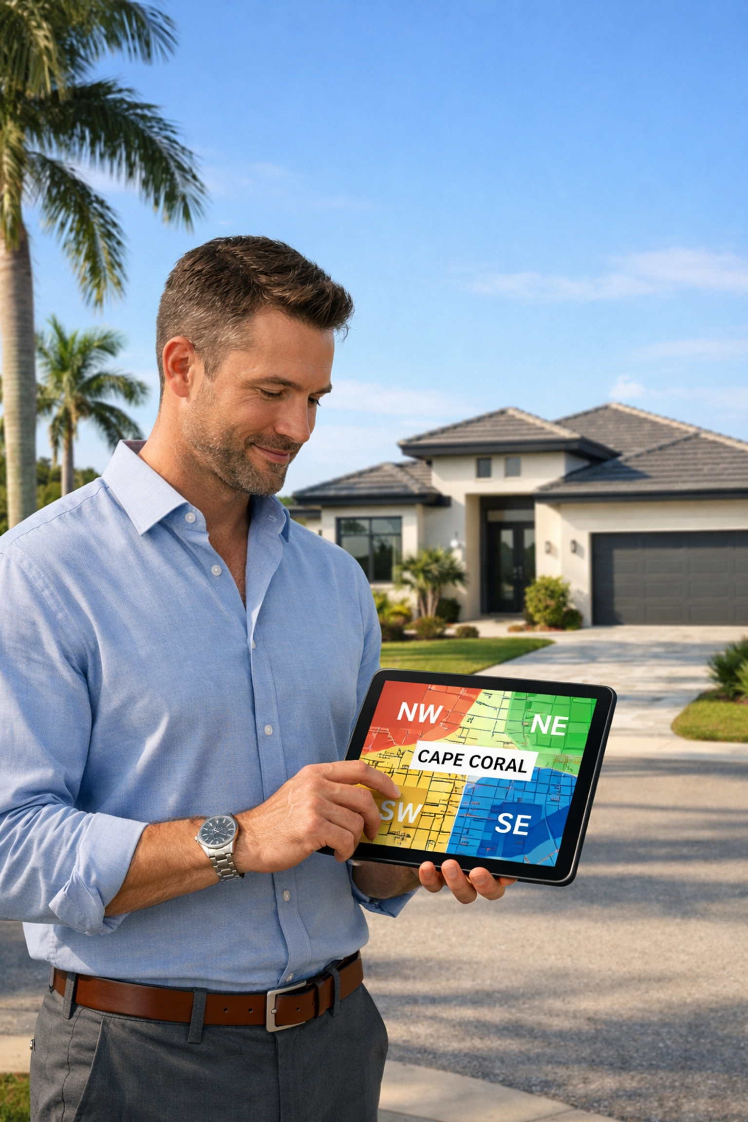 Professional realtor in Cape Coral reviewing local property data on a tablet in front of a modern home.