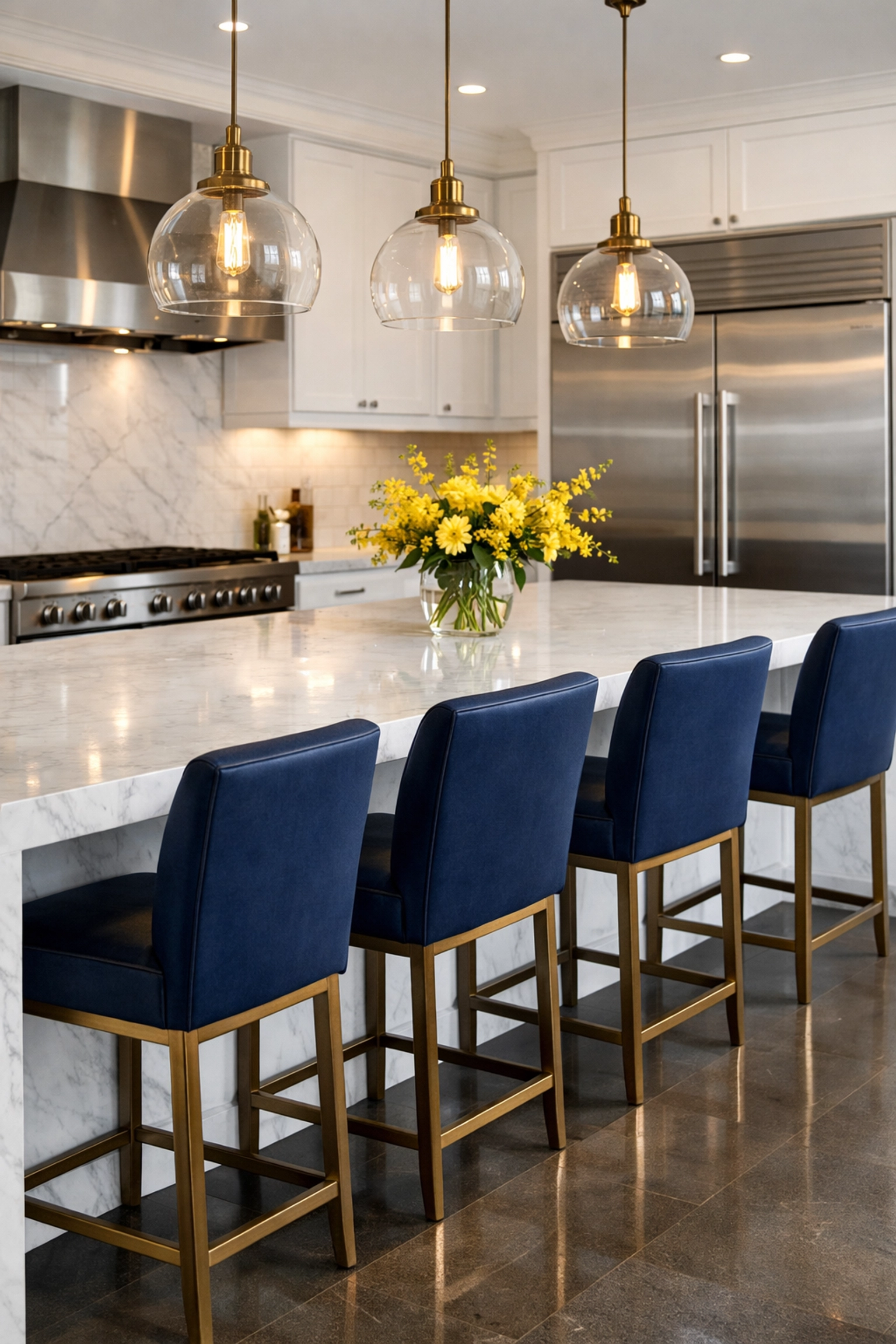 Spotless modern kitchen with a marble island highlighting professional House Cleaning Ayer MA quality.