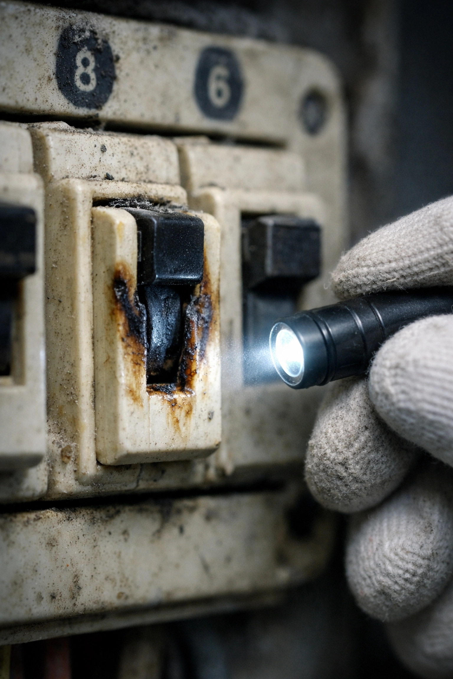 Dangerous scorch marks on an outdated consumer unit, highlighting the need for electrical safety in Poole.