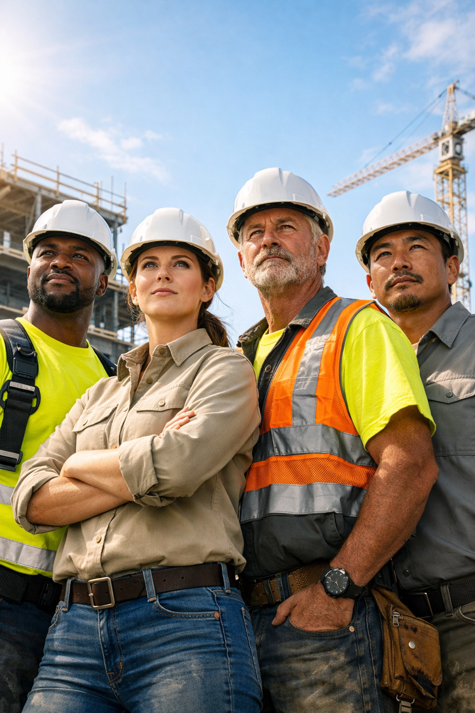 Construction crew in matching high-visibility and neutral bulk custom t-shirts.