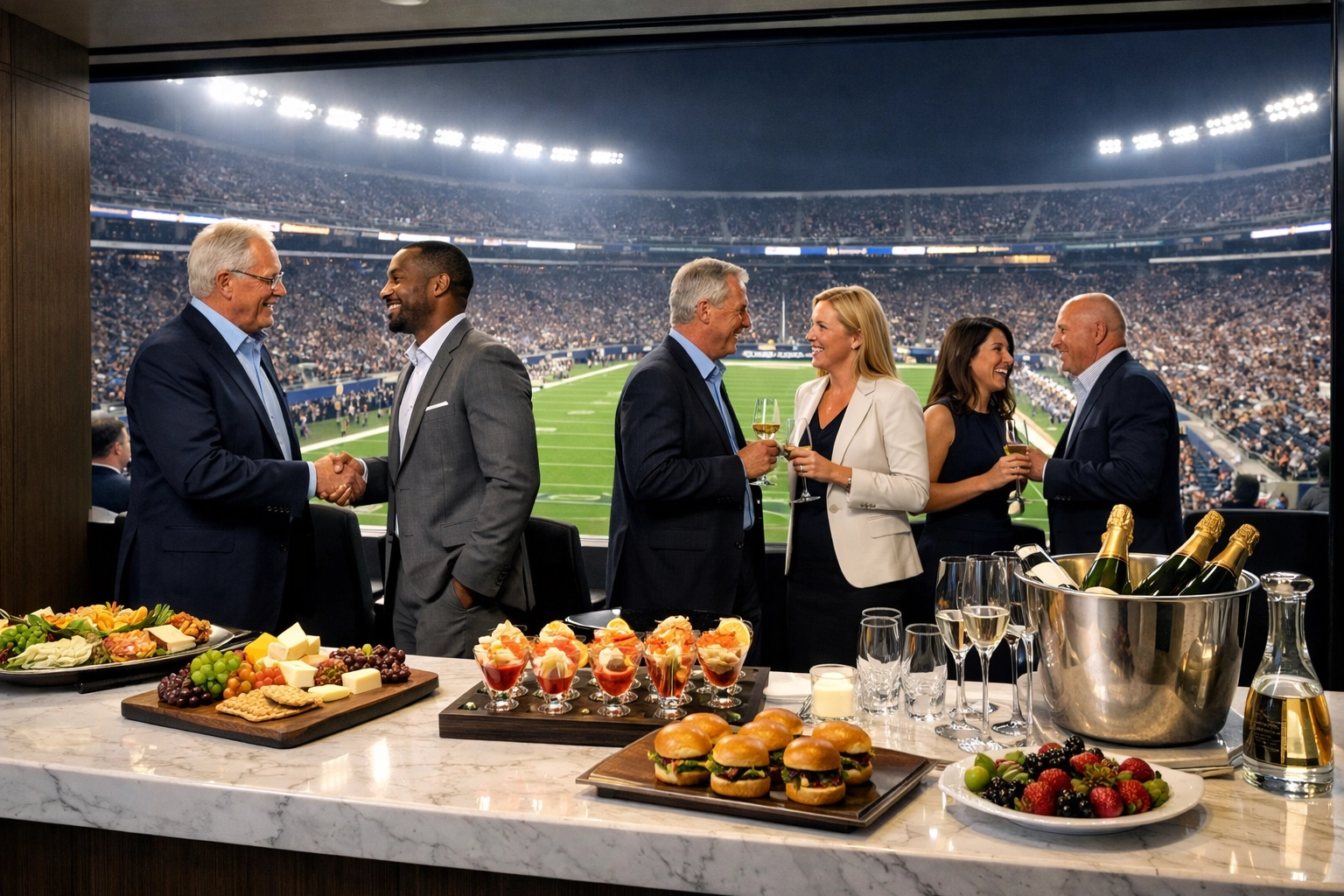Business executives networking in a luxury Super Bowl suite to drive corporate brand ROI.
