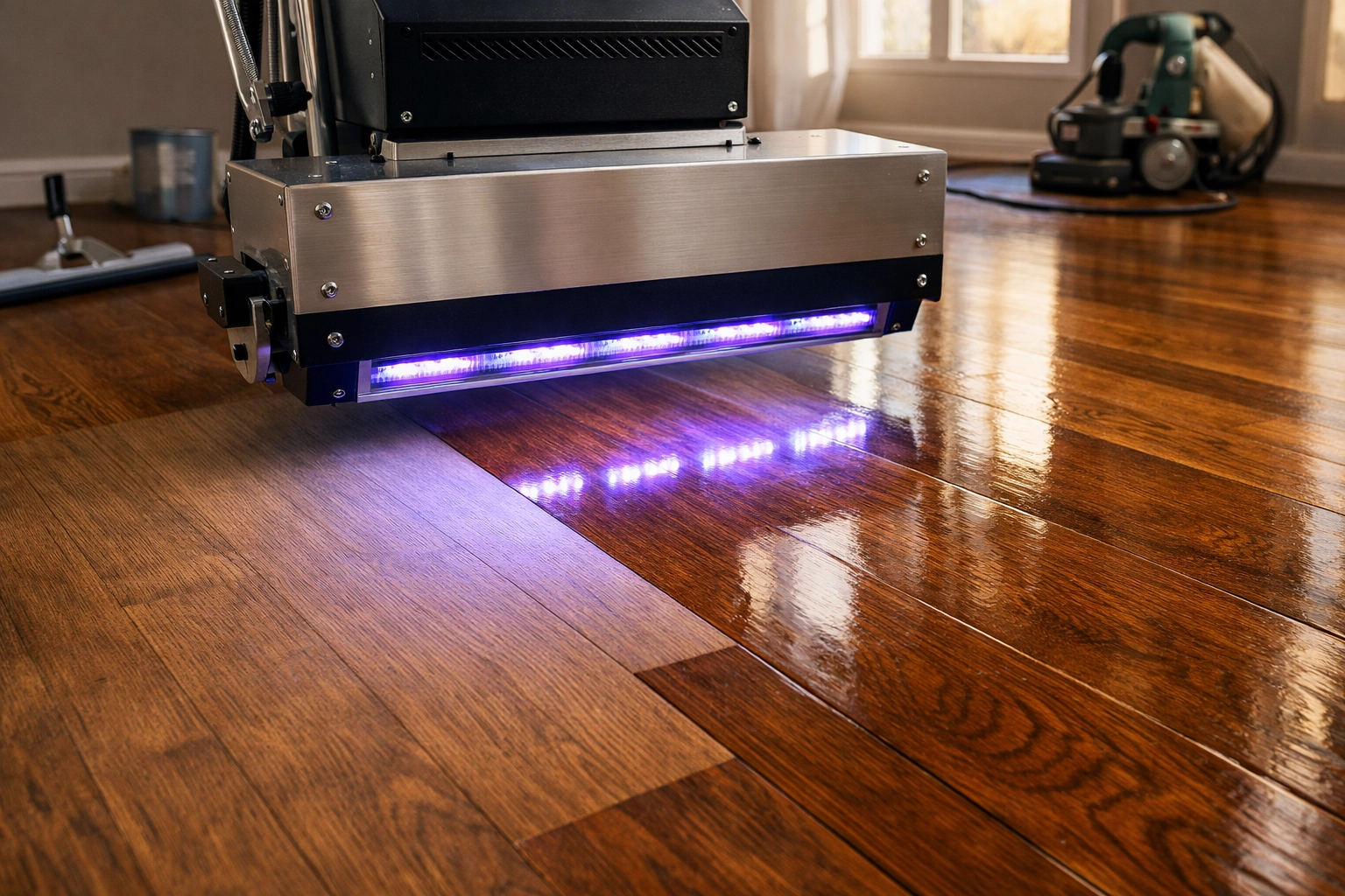 UV-curing equipment applying fast-drying finish to hardwood floor