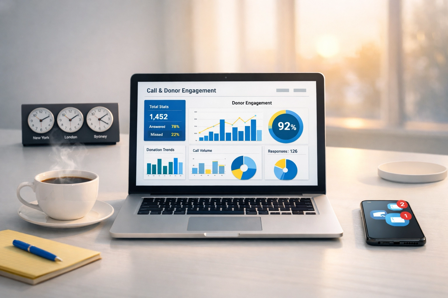 Donor analytics dashboard showing 24/7 AI call tracking and engagement metrics for nonprofits