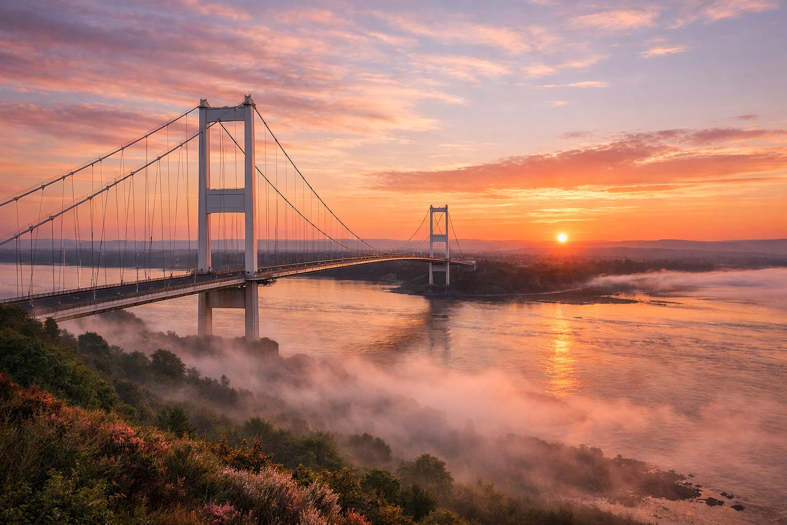 The M48 Severn Bridge at sunrise, connecting i-Spy CCTV's Bristol base to Chepstow and South Wales clients.