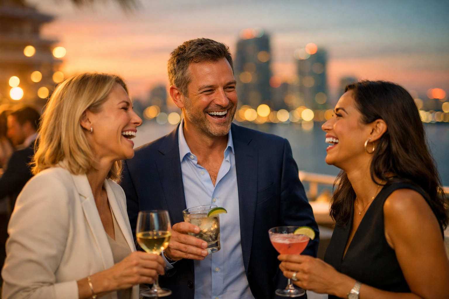 Corporate event photographer Miami capturing authentic brand storytelling at a rooftop cocktail reception.