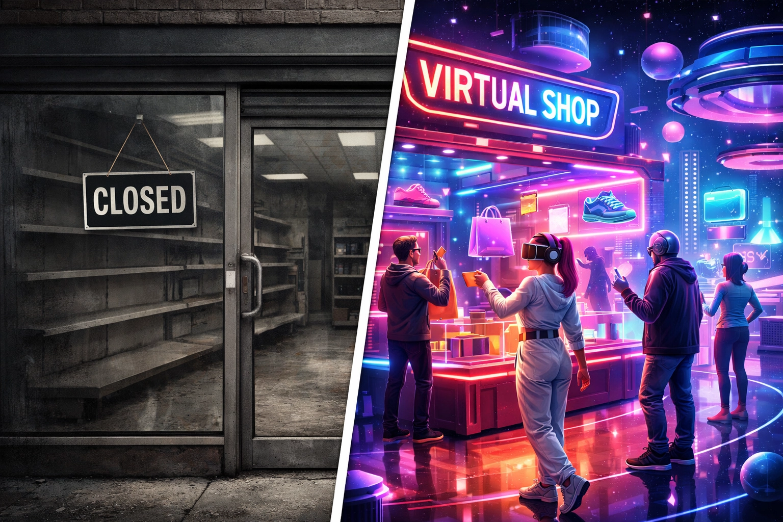 Traditional closed retail store vs vibrant metaverse virtual storefront showing digital transformation