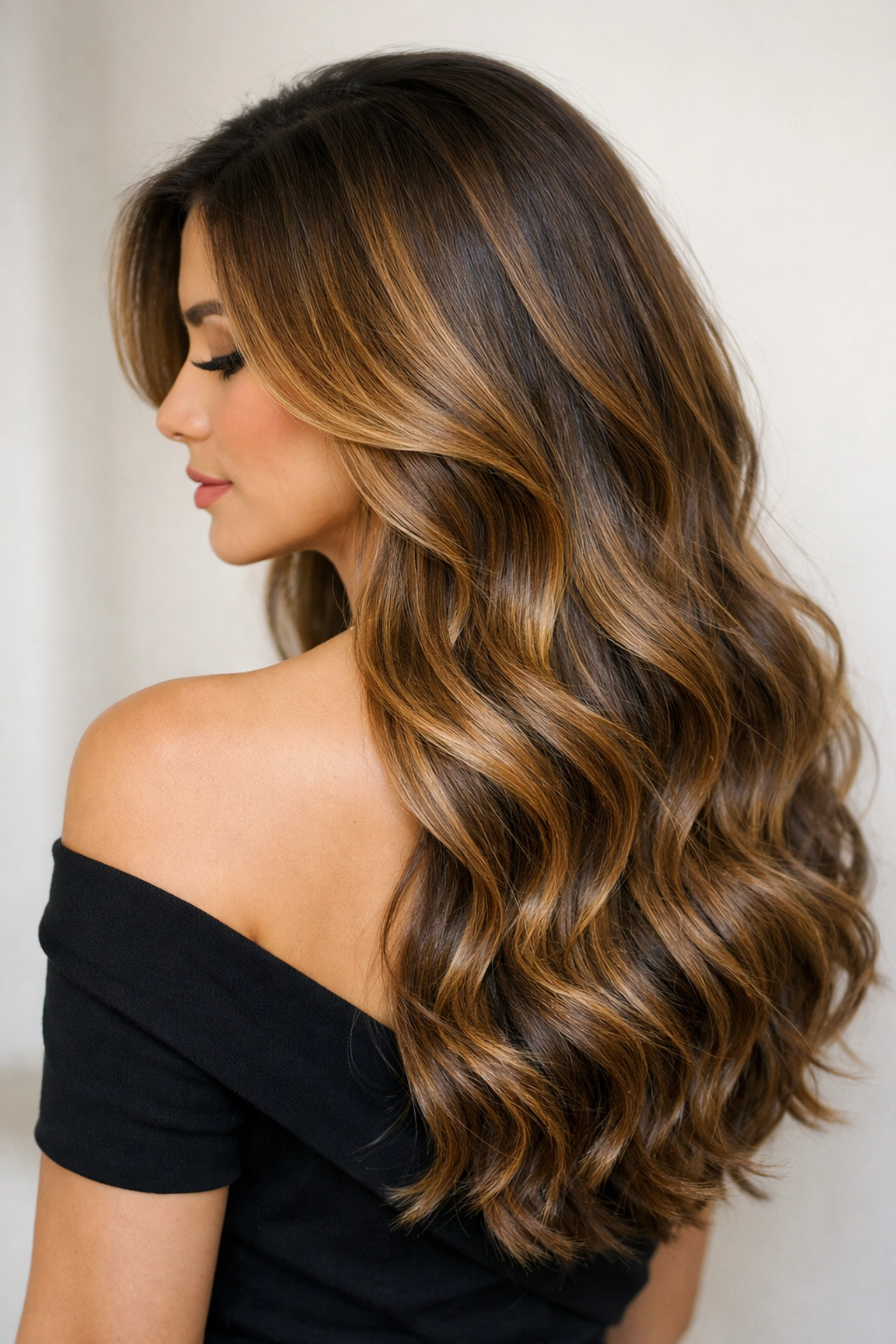 Glossy caramel balayage waves showcasing a professional hair color transformation in Concord, NH.