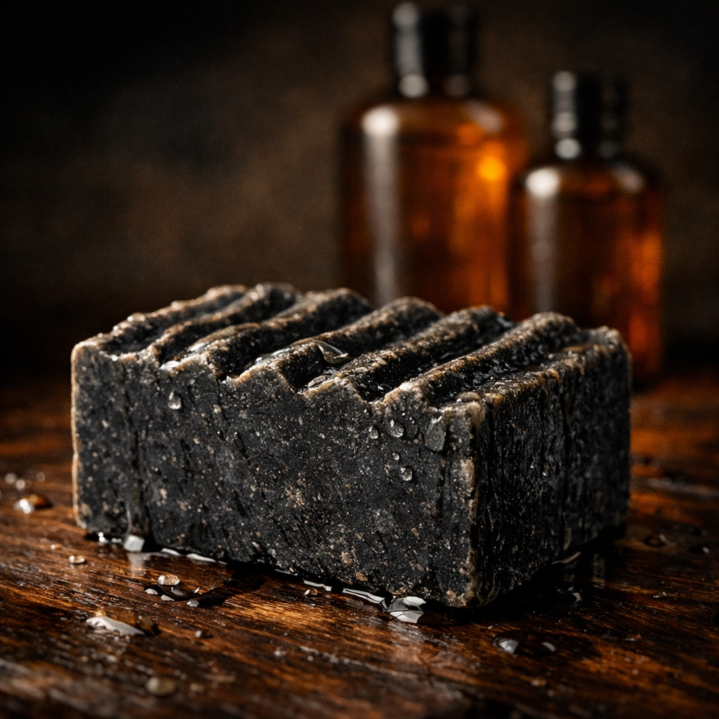 Concentrated solid beard wash bar on wood showing it outlasts two bottles of liquid beard shampoo.