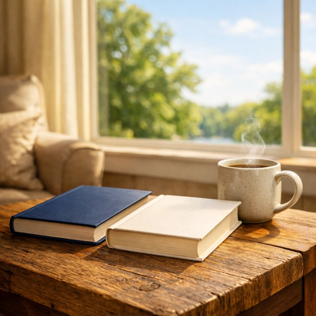 AA and NA recovery books on a sunlit table at Winston Place, a premier Nashville sober living residence.