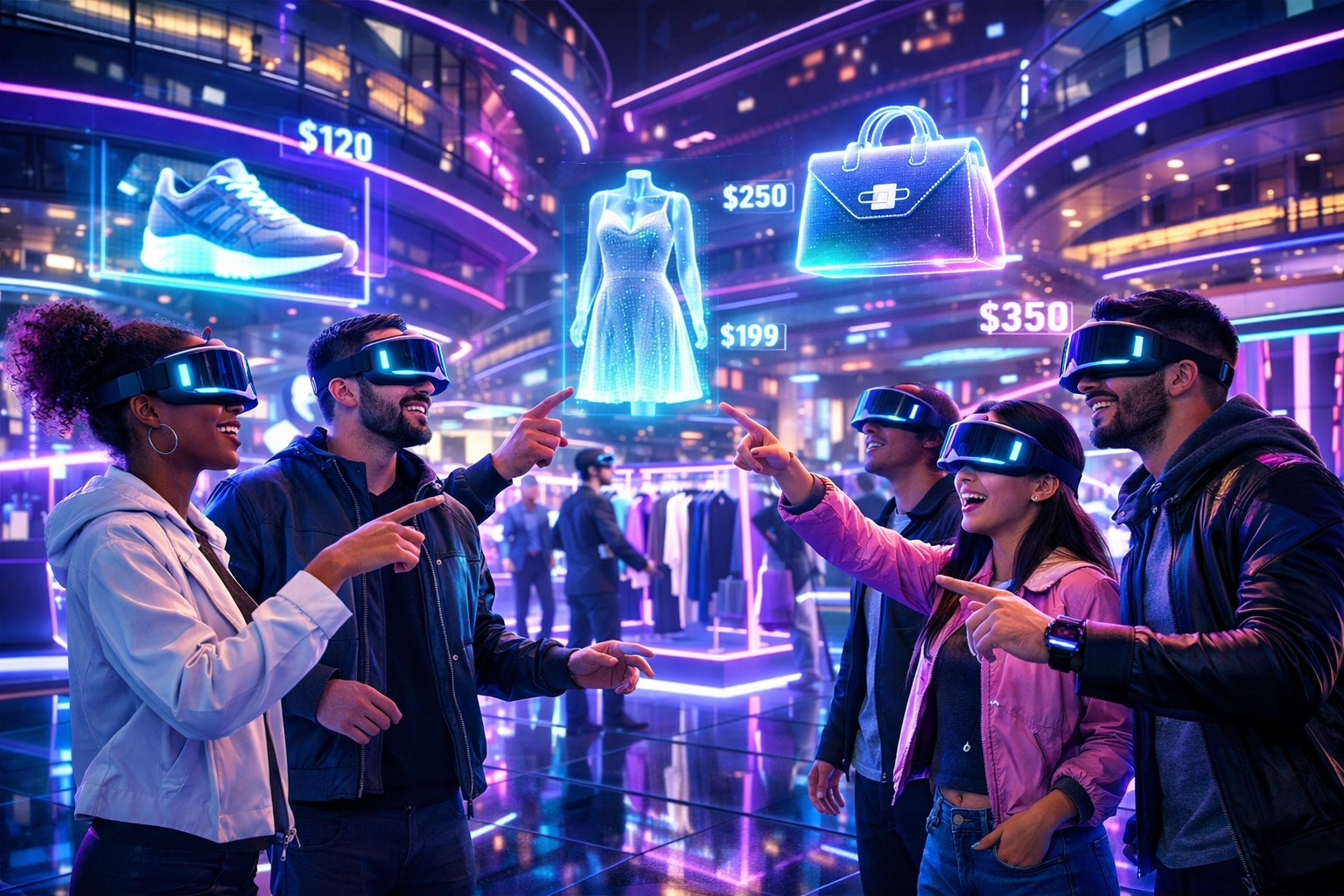 Shoppers wearing VR headsets browse together in a virtual metaverse mall with holographic product displays