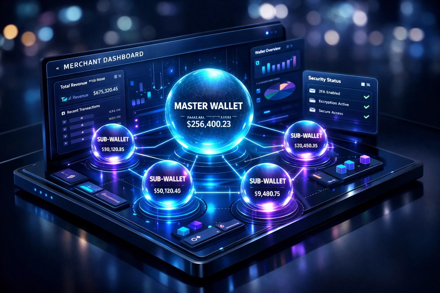 Digital merchant dashboard showing master and sub-wallet nodes for managing LUSD crypto transactions securely.