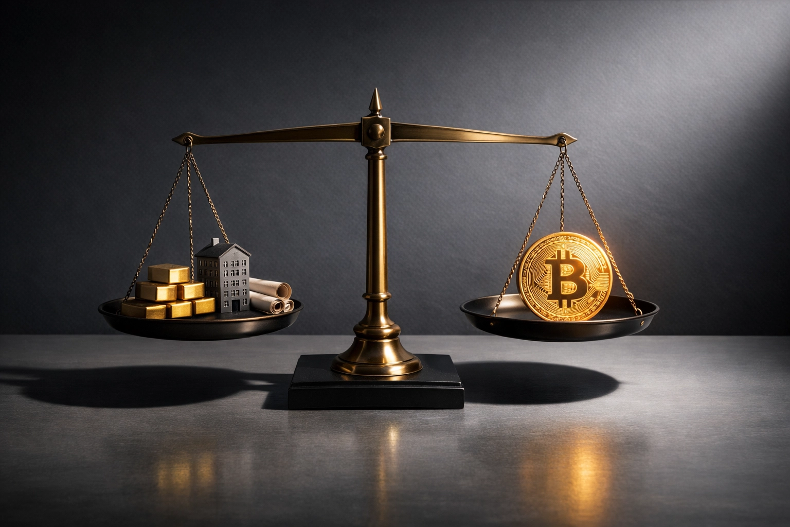 Balanced scale showing traditional assets and Bitcoin in equilibrium for risk-managed portfolio allocation