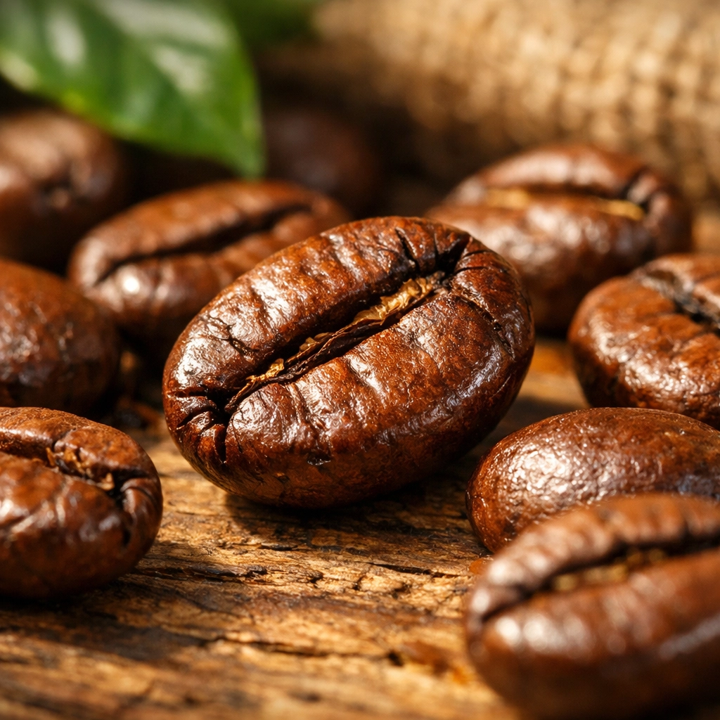 Close-up of freshly roasted specialty coffee beans showing natural oils
