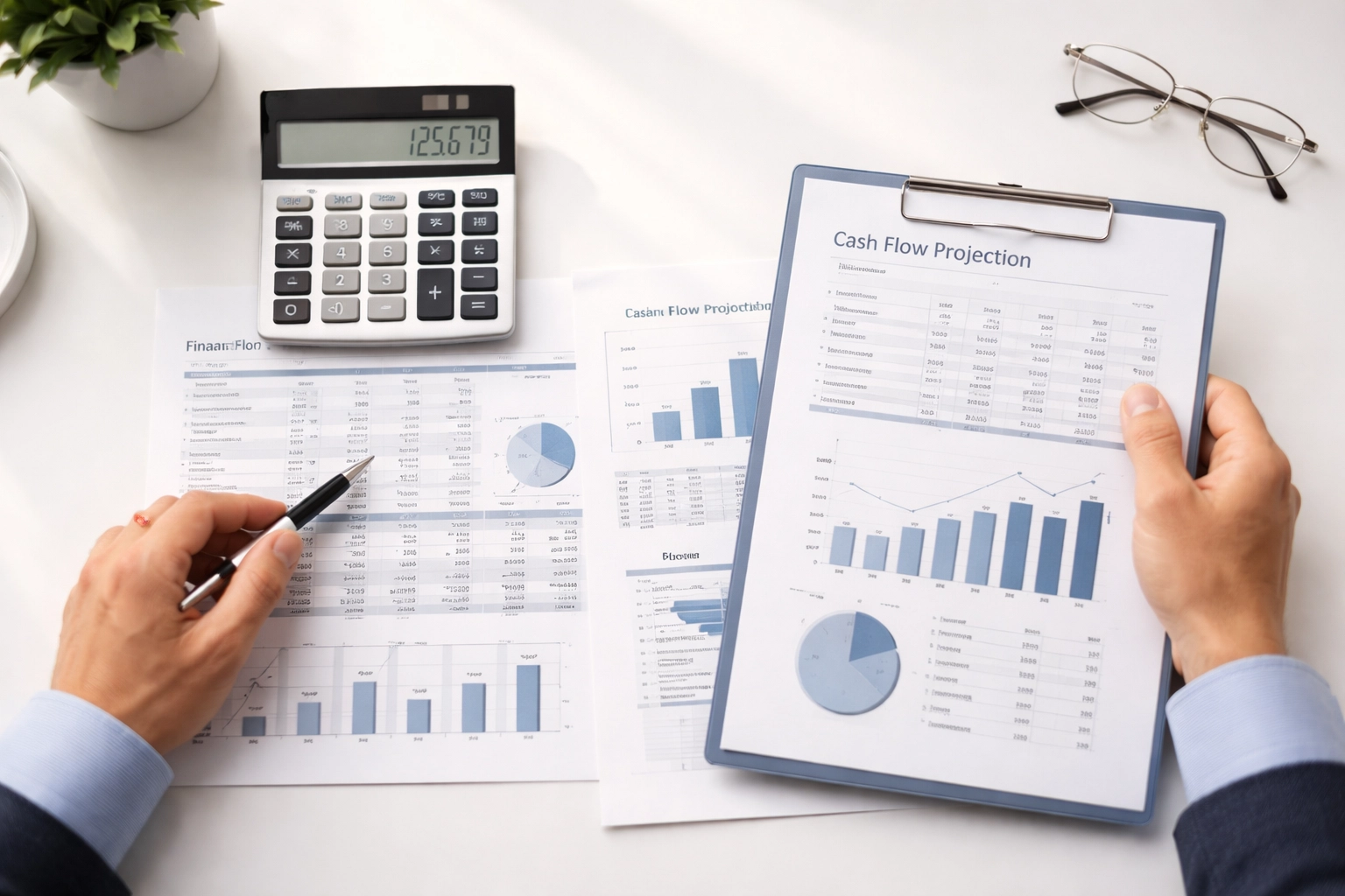Business owner analyzing financial statements and cash flow projections, illustrating proactive cash flow management.