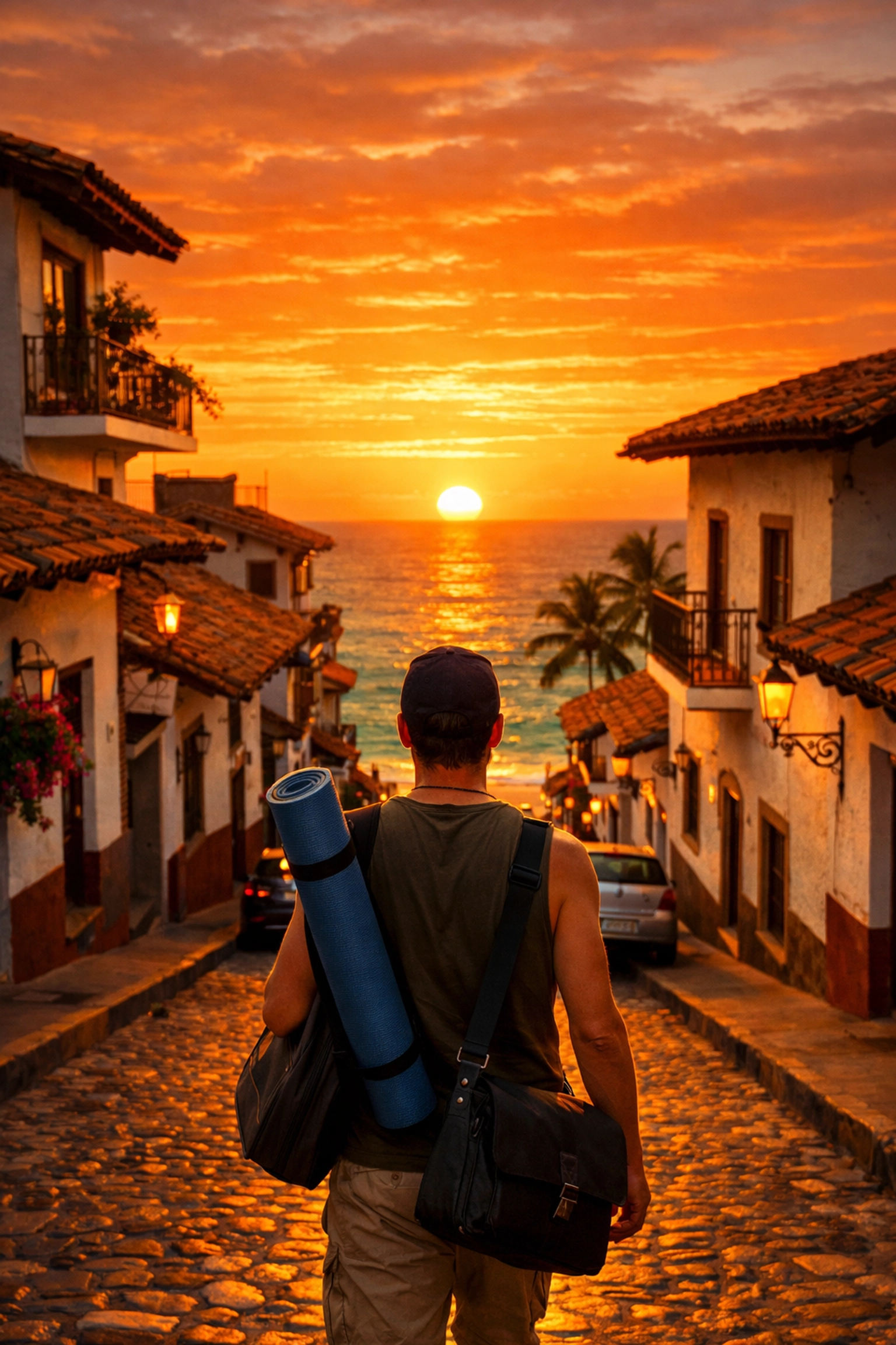 Remote worker walking to the beach with a yoga mat and laptop bag in Old Town Puerto Vallarta at sunset.