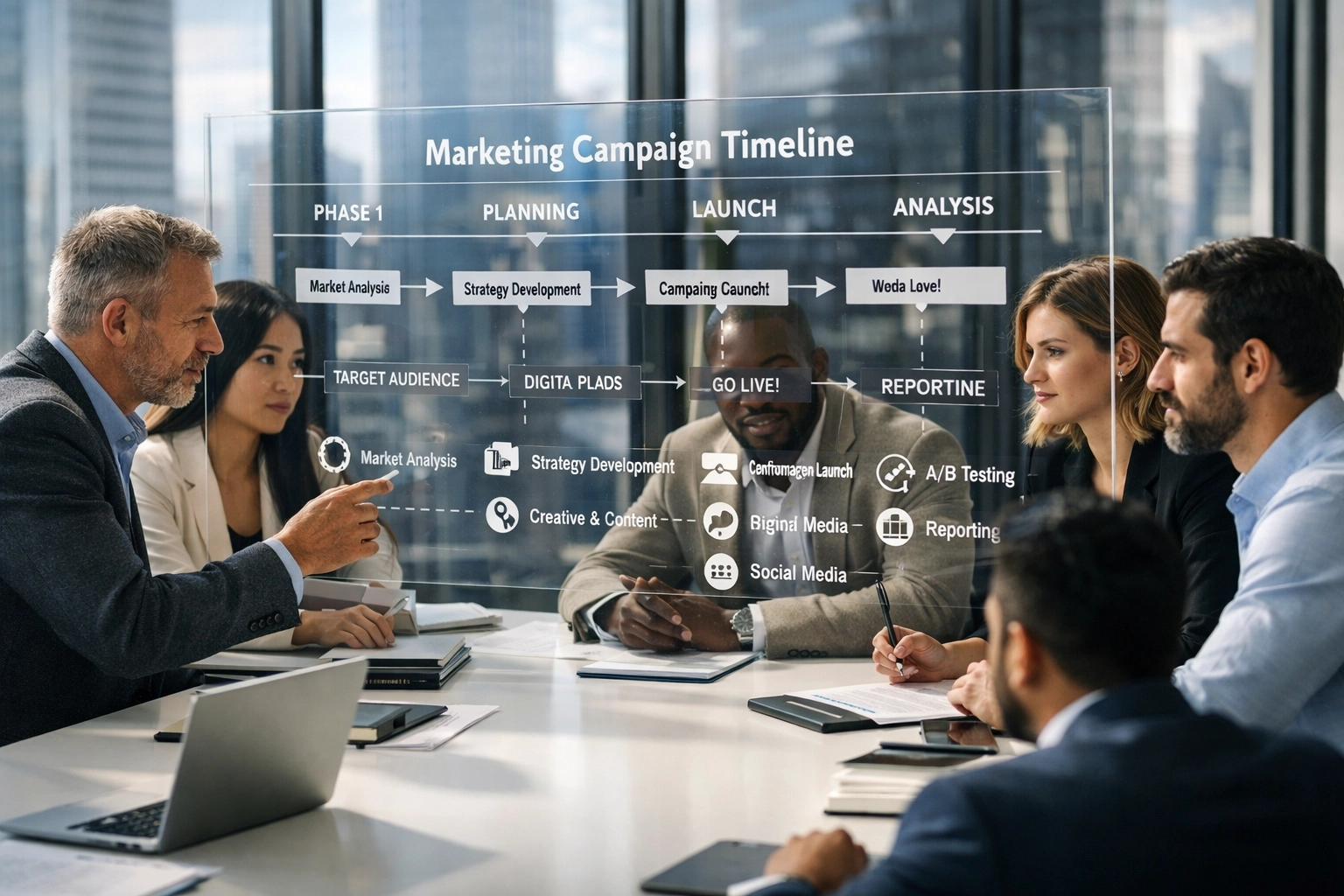 Professional marketing team reviewing a sophisticated brand strategy timeline for Super Bowl 2026 ROI.