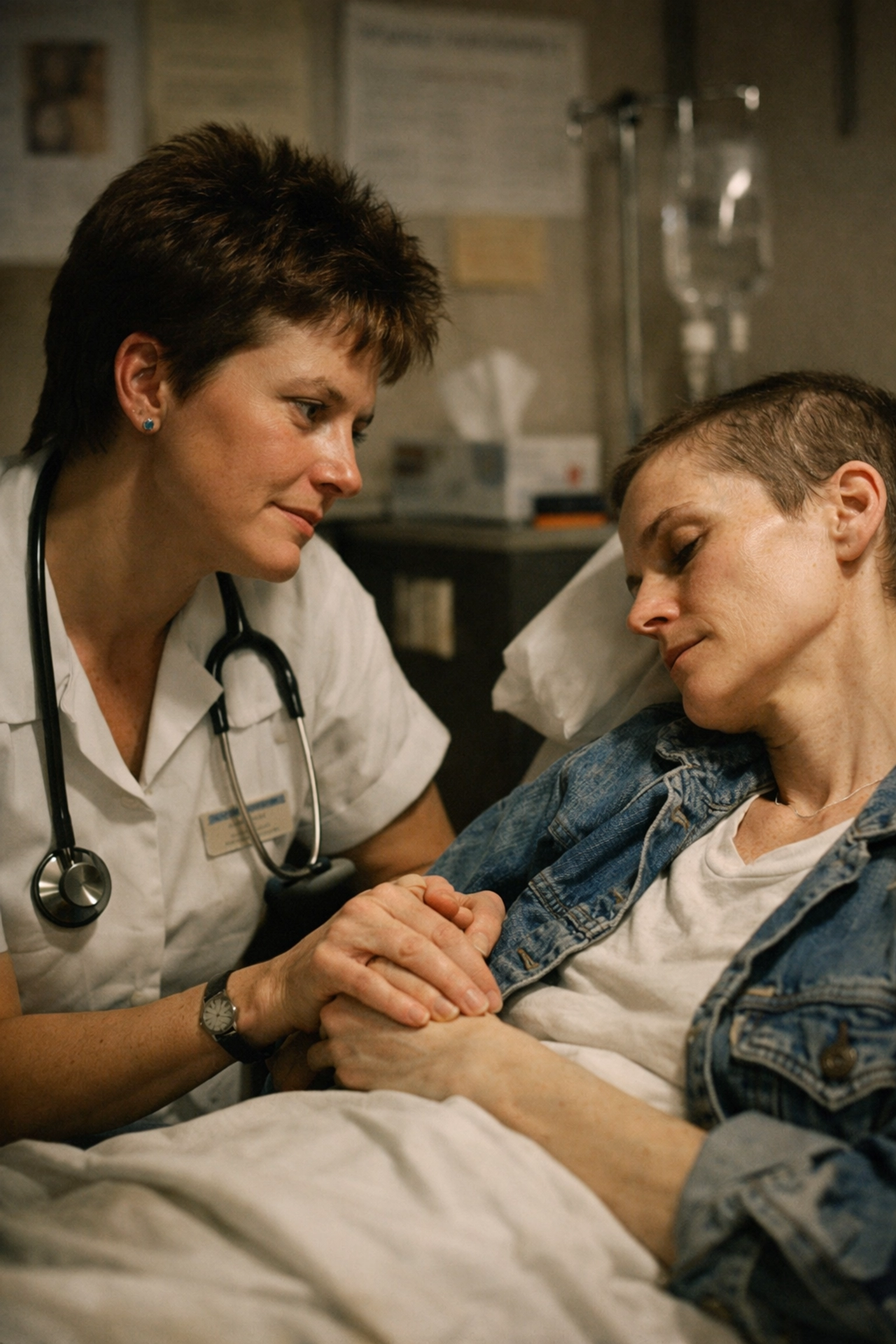 Lesbian nurse providing compassionate healthcare to a patient, a real-life hero of early LGBTQ+ history.
