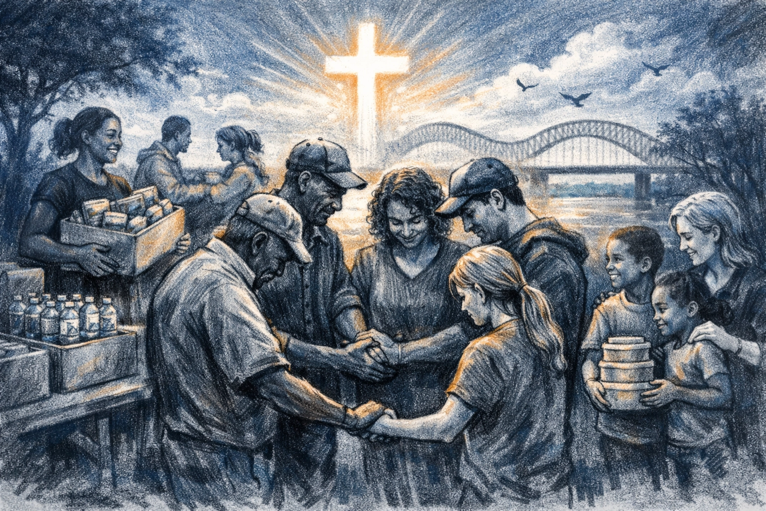 Diverse Memphis church community serving together in unity, hands joined in prayer and fellowship