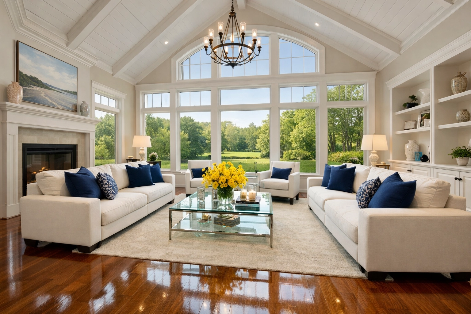 Spotless Hamilton home interior showing a clean living room with a mirror-like hardwood floor finish.