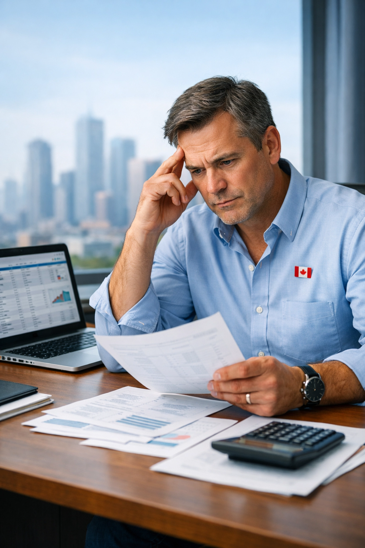 Canadian business owner reviewing financial documents and credit reports for working capital loan application