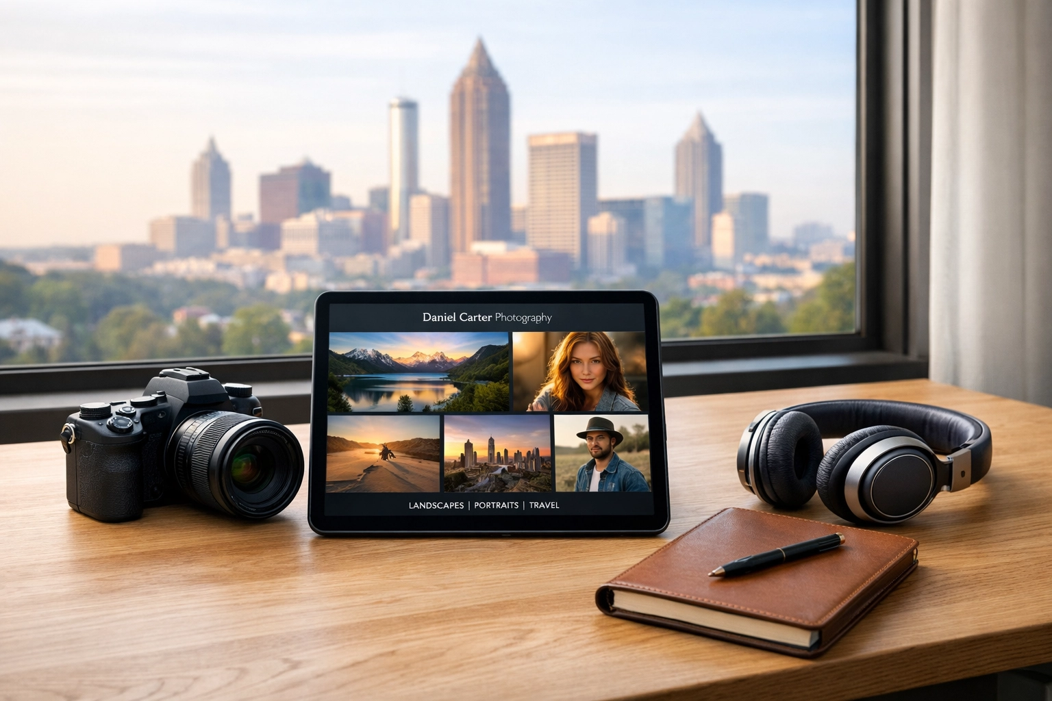 Professional photography desk setup with a portfolio and gear for finding photography work in 2026.