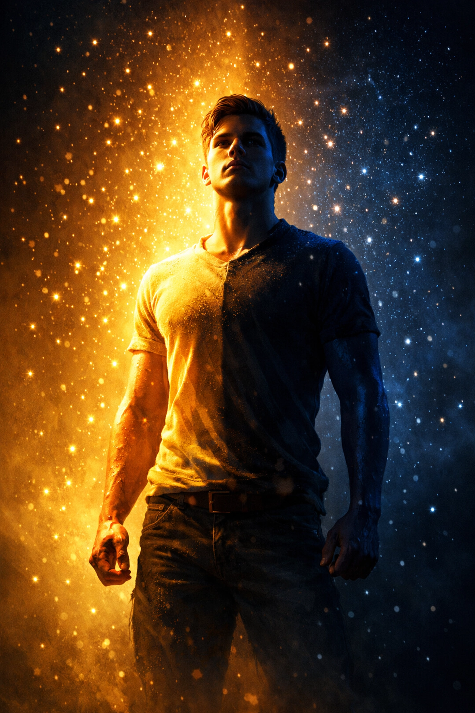 LGBTQ+ man emerging from darkness into golden light symbolizing resilience and triumph