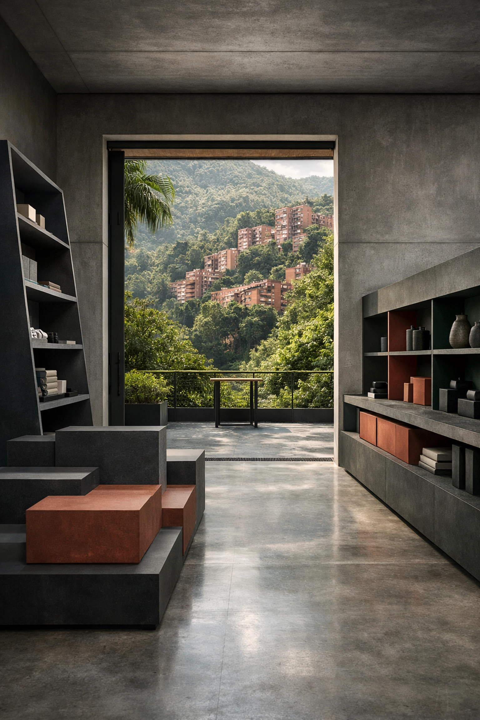 Minimalist retail interior in Medellín's El Poblado featuring modern shelving and views of the Aburrá Valley.