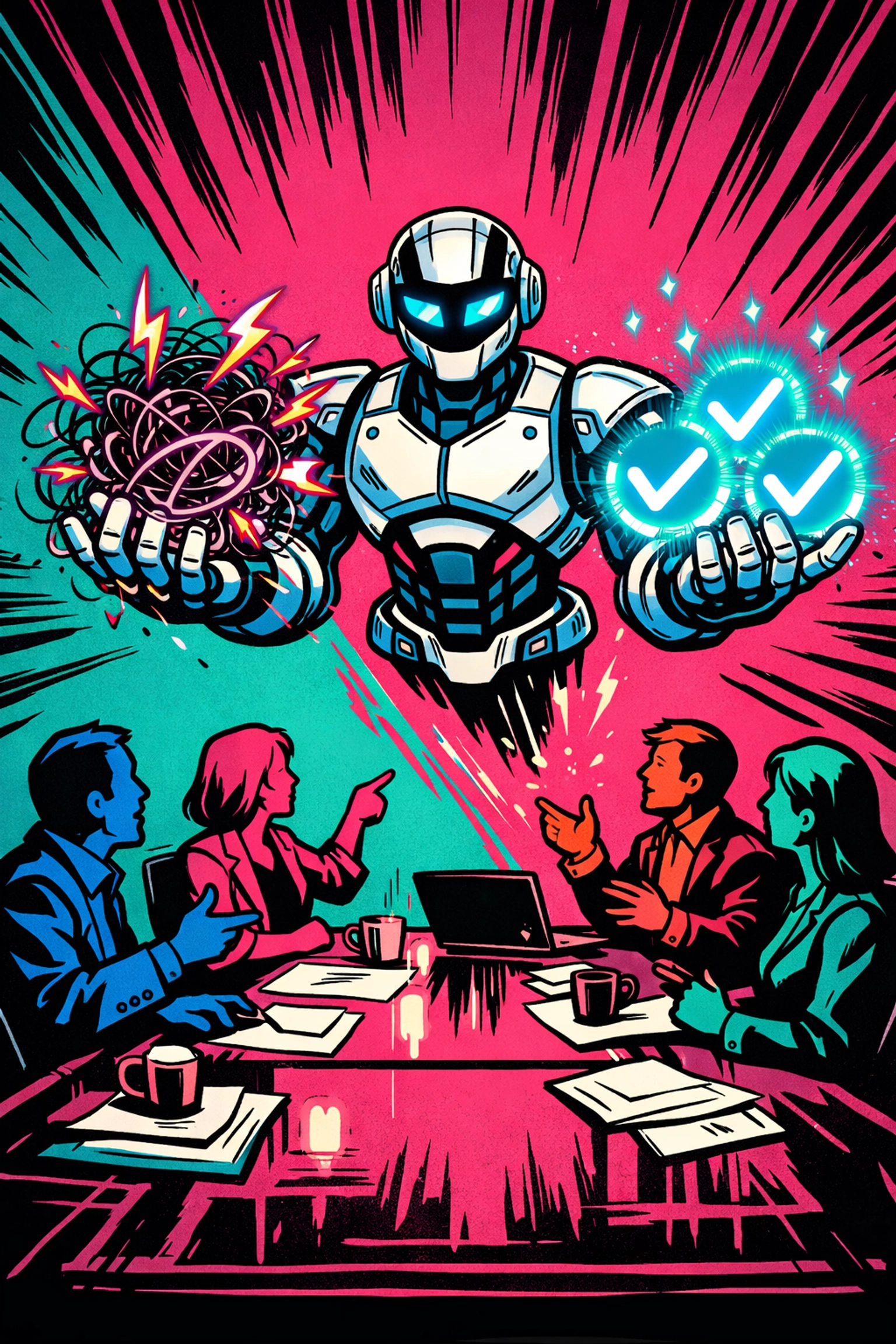 Comic style robot assistant transforming chaotic meeting notes into organized digital task checkmarks.