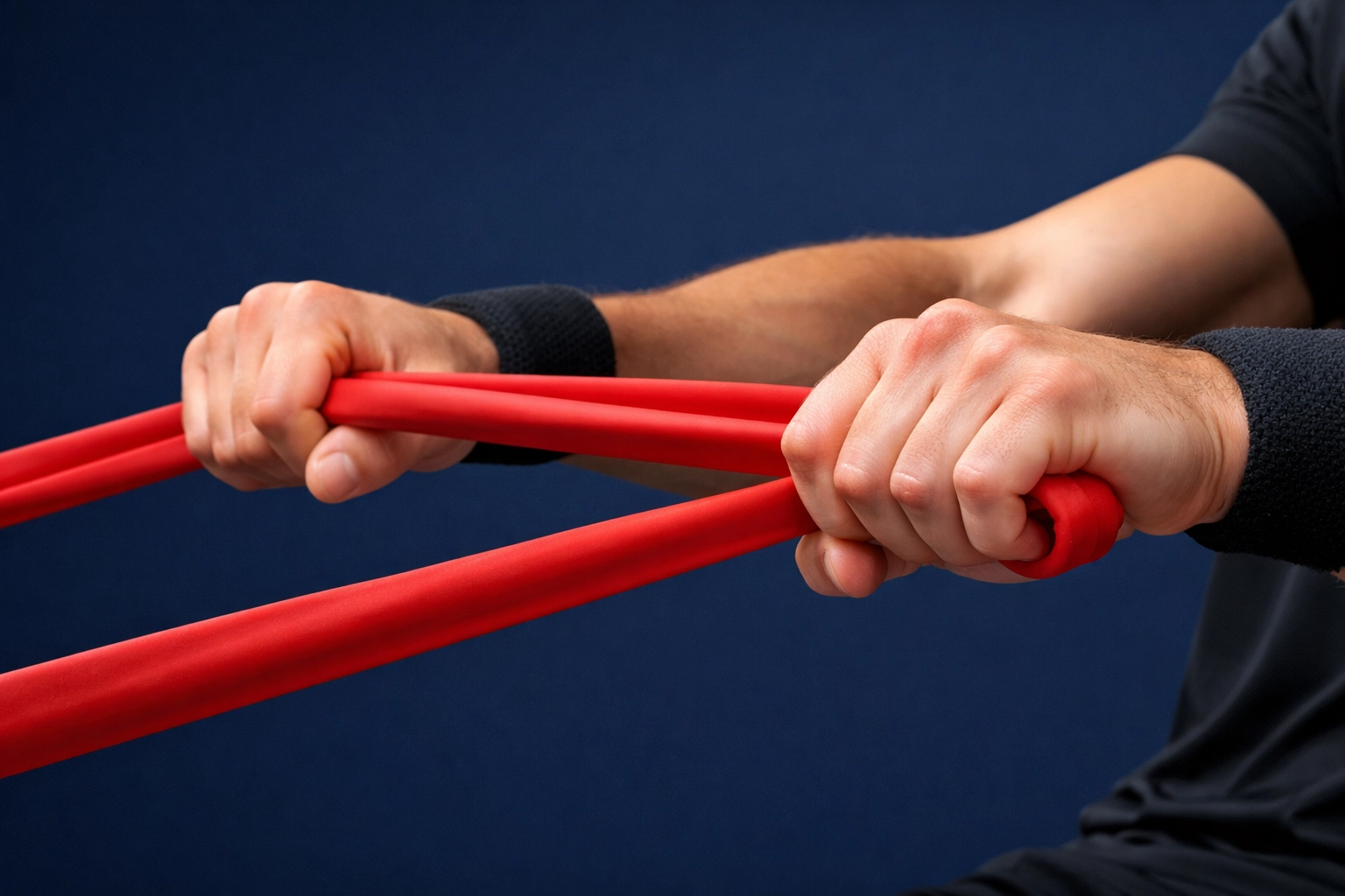 Close-up of an athlete's hands using a thick red resistance band for back row exercises.