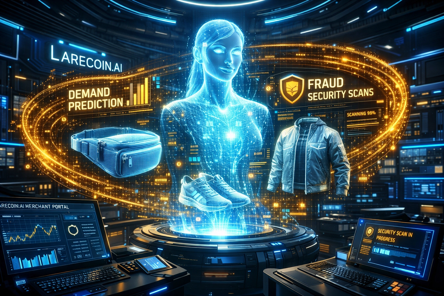 Larecoin.ai merchant portal featuring AI-driven fraud detection and demand prediction for metaverse stores.