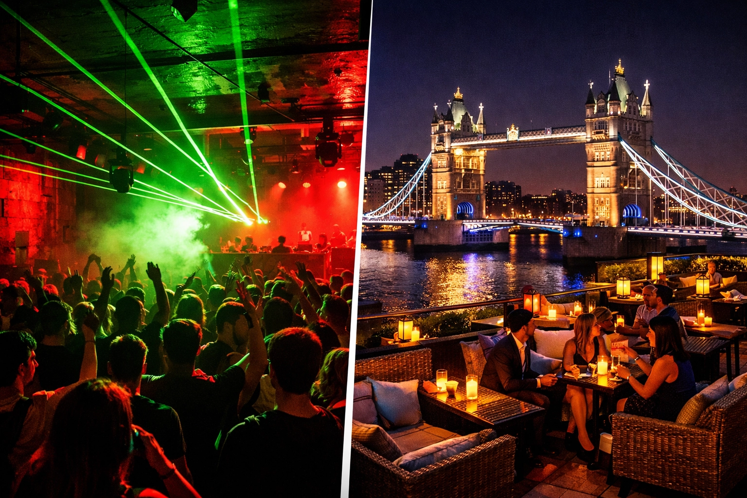 London nightlife contrast: underground warehouse club and rooftop bar with Thames views