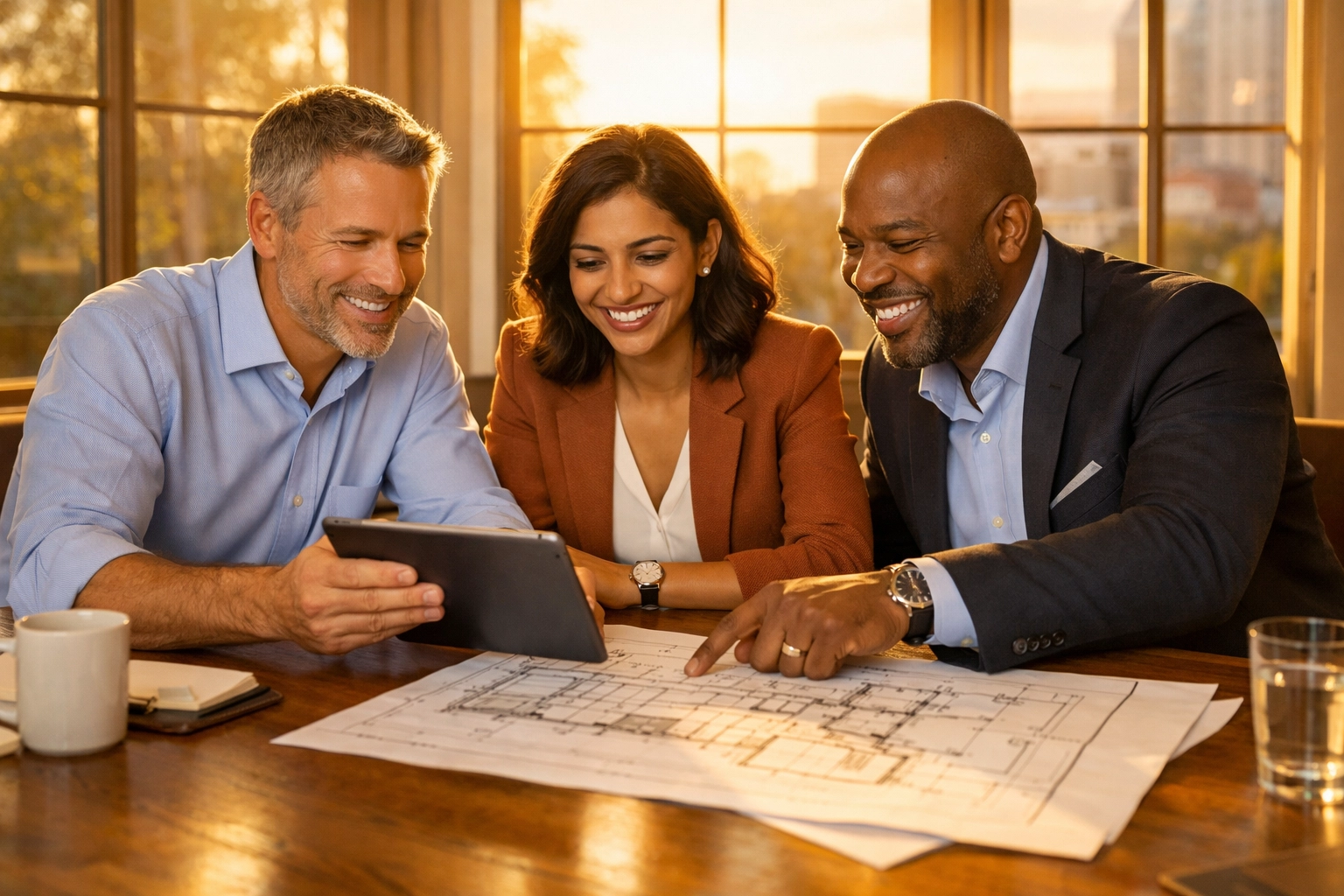 Diverse business partners collaborating on an expansion blueprint in a professional sunlit meeting room.