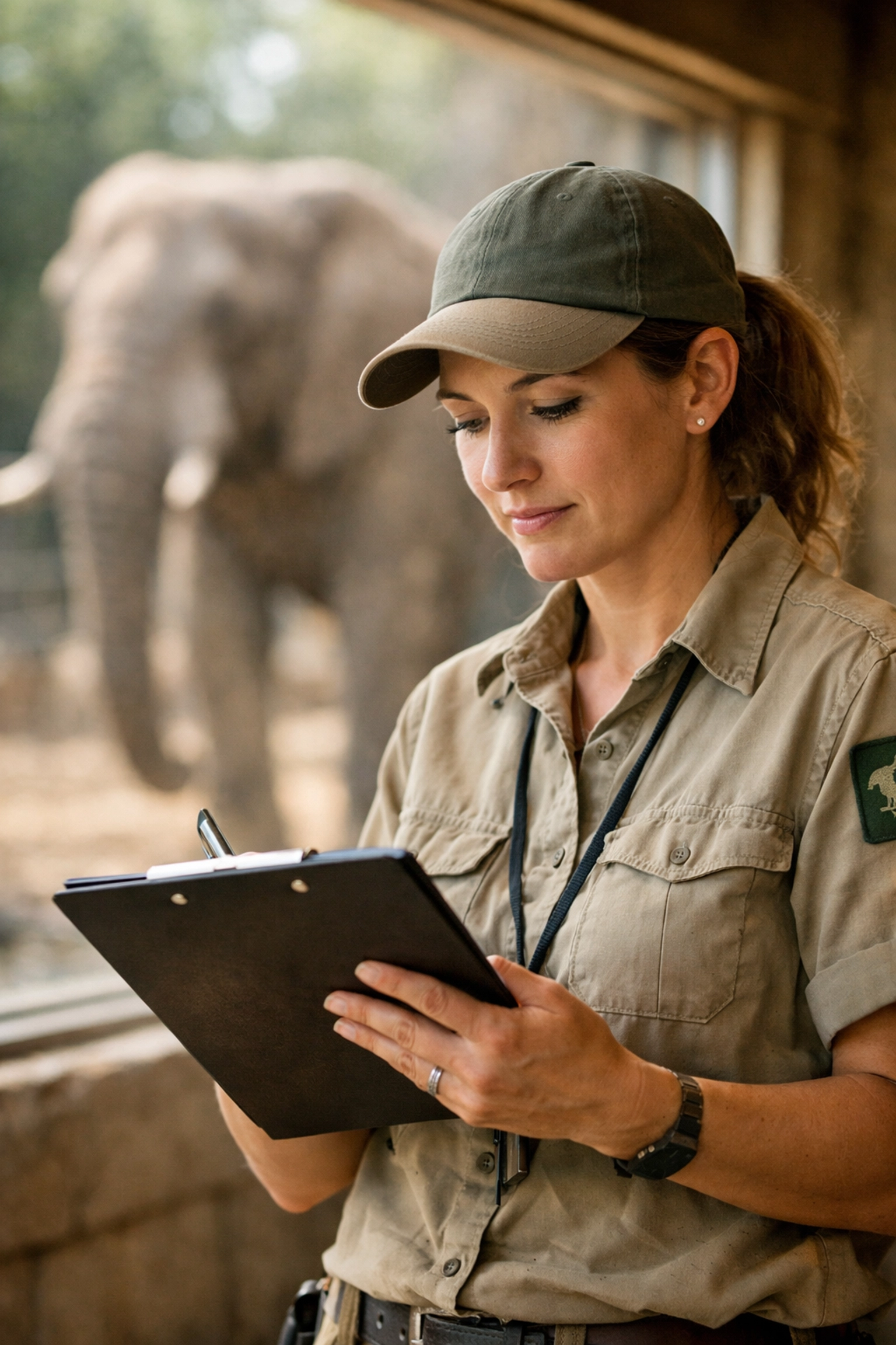 Zoo keeper documenting animal care with elephant habitat visible in background