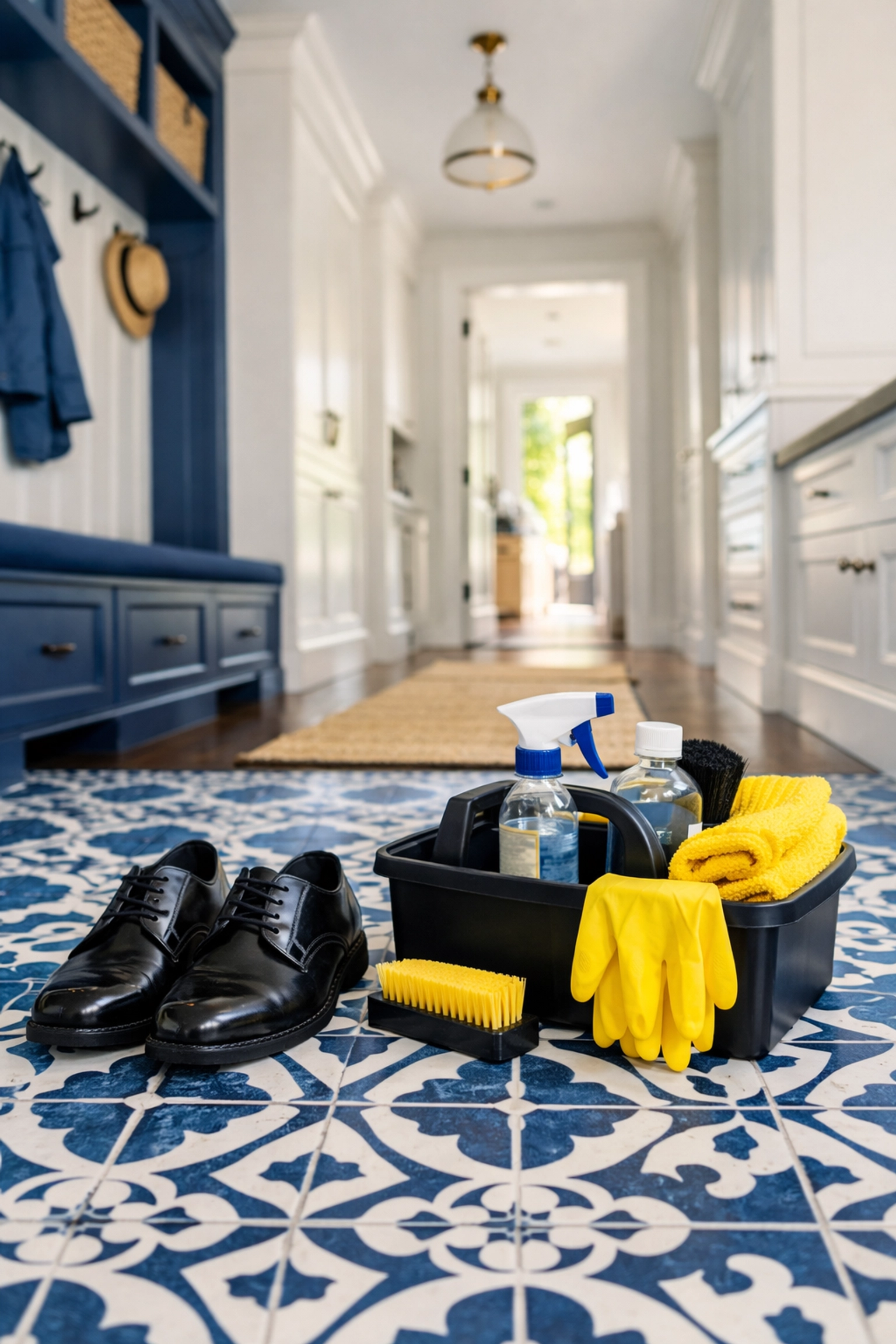 Professional cleaning equipment and indoor shoes ready for a residential cleaning in Sherborn.