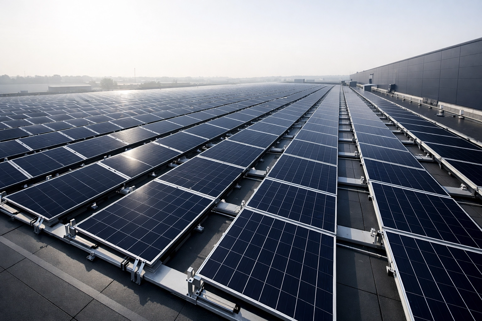 Large-scale commercial solar panel installation on a modern industrial warehouse roof.