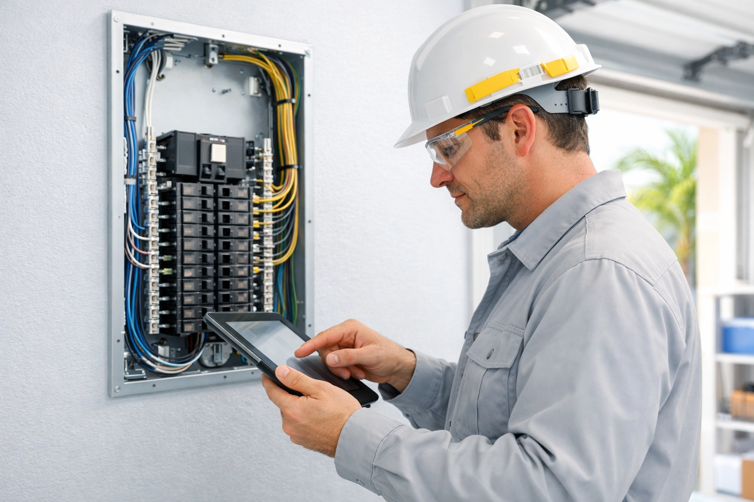 Florida electrician inspecting a new electrical panel upgrade to ensure insurance compliance for a home sale.