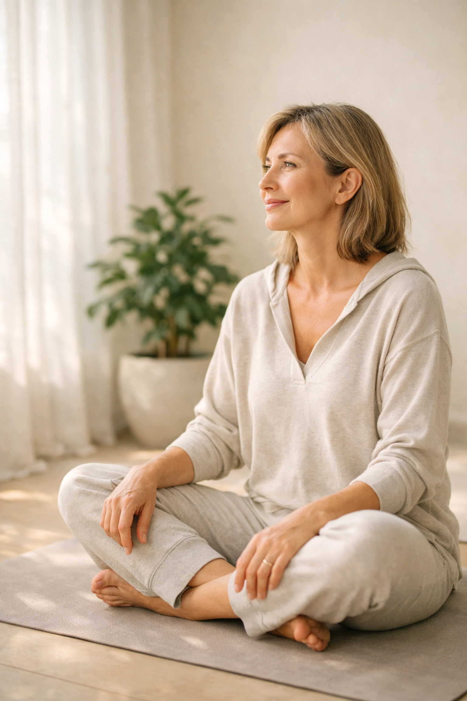 Professional woman in midlife looking well-rested and calm, representing perimenopause sleep support and recovery.