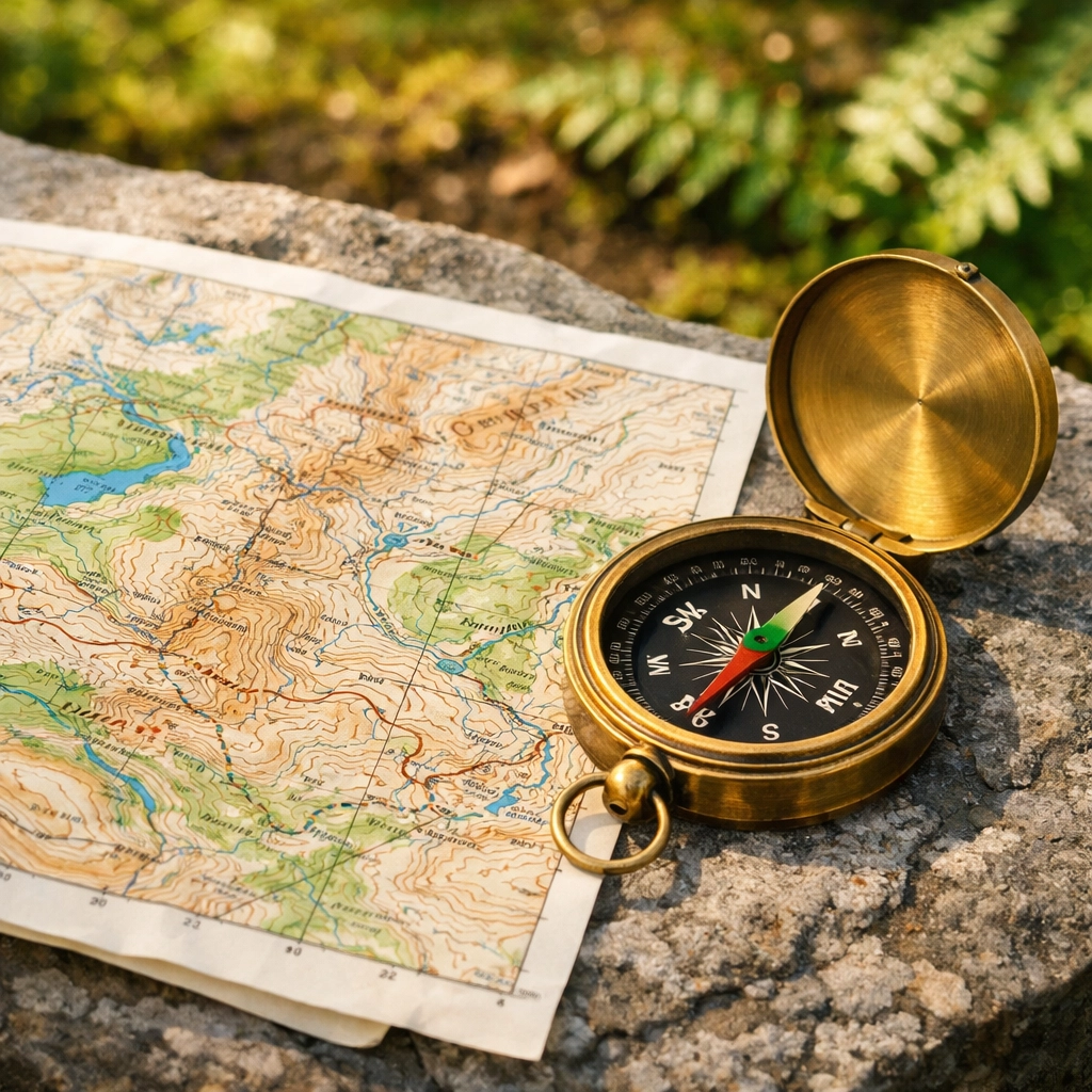 Topographical map and compass for navigation on a wild camping guided UK experience.