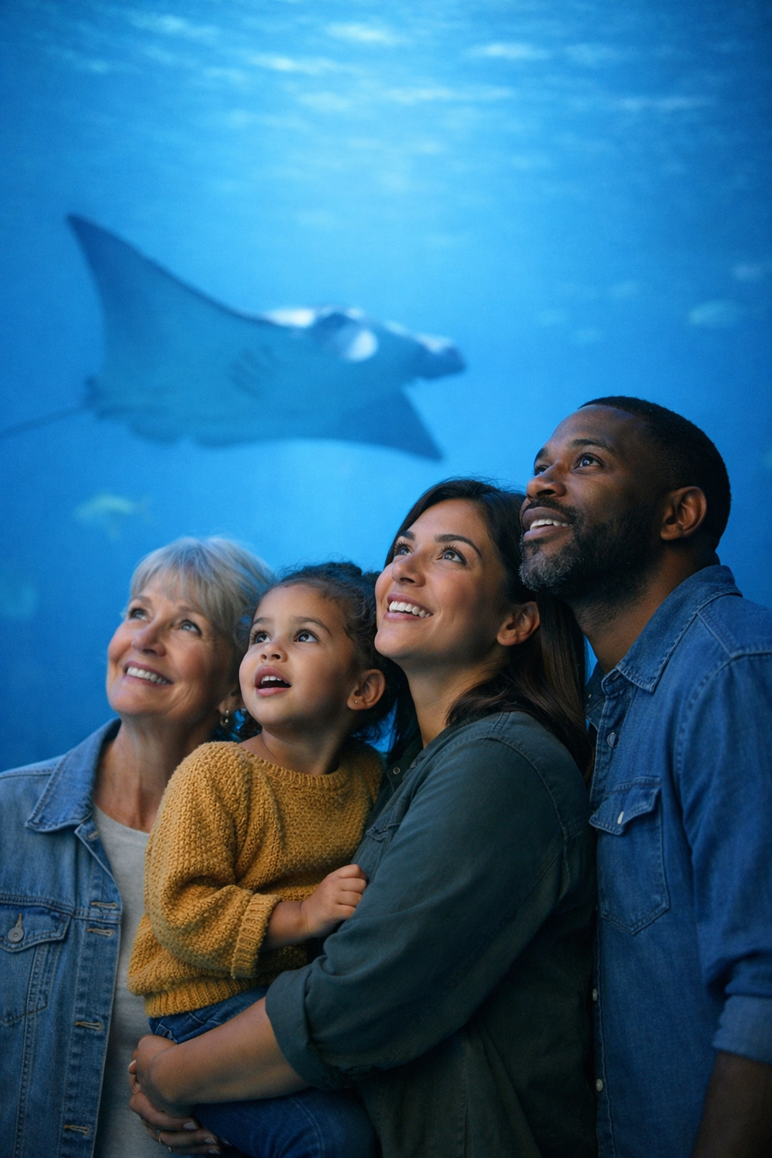Family enjoying a trip to the aquarium viewing a manta ray, showing why emotional marketing matters for zoos.