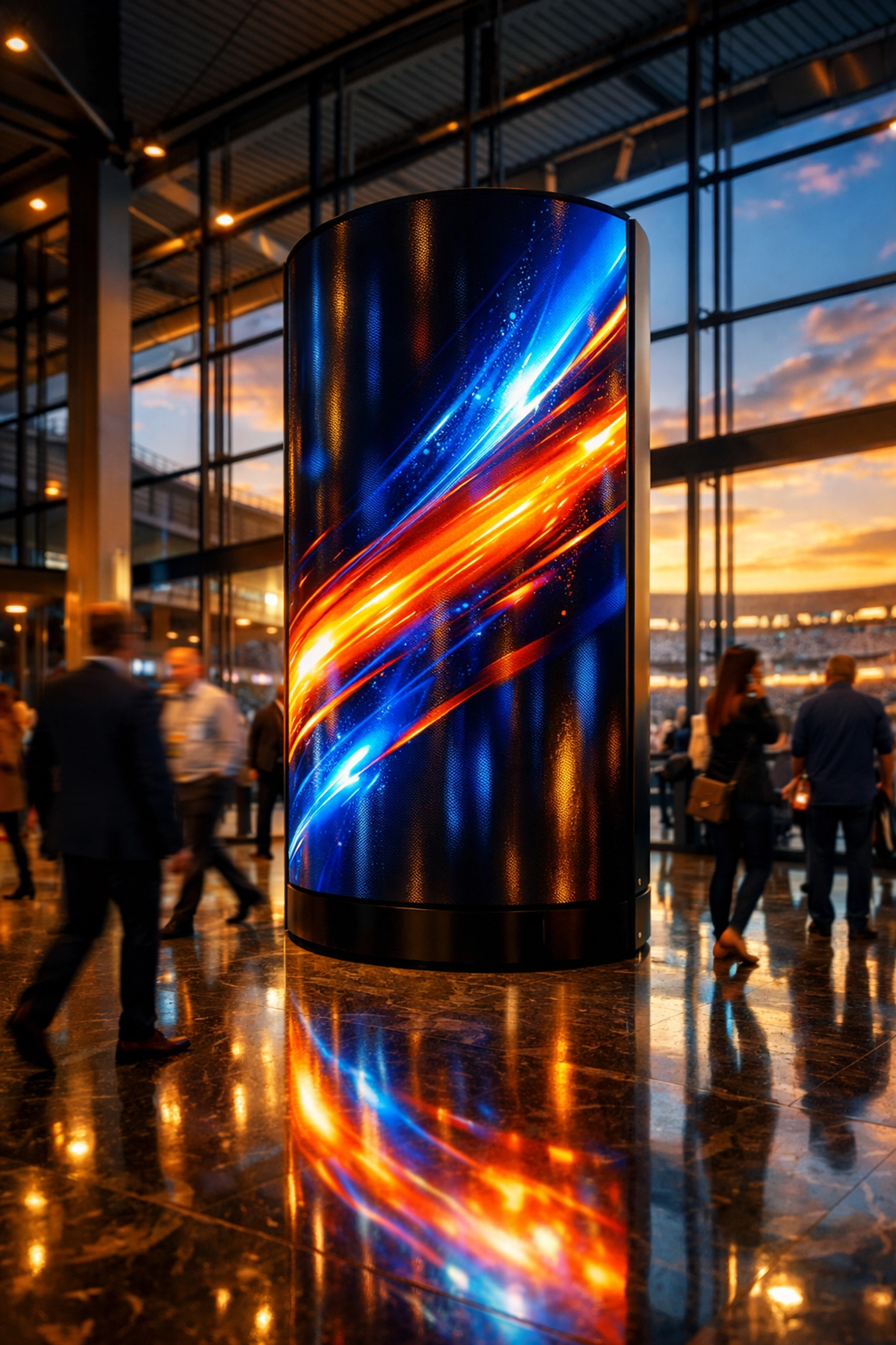 Dynamic digital display pillar in a modern stadium concourse highlighting Sporttron OOH advertising technology.