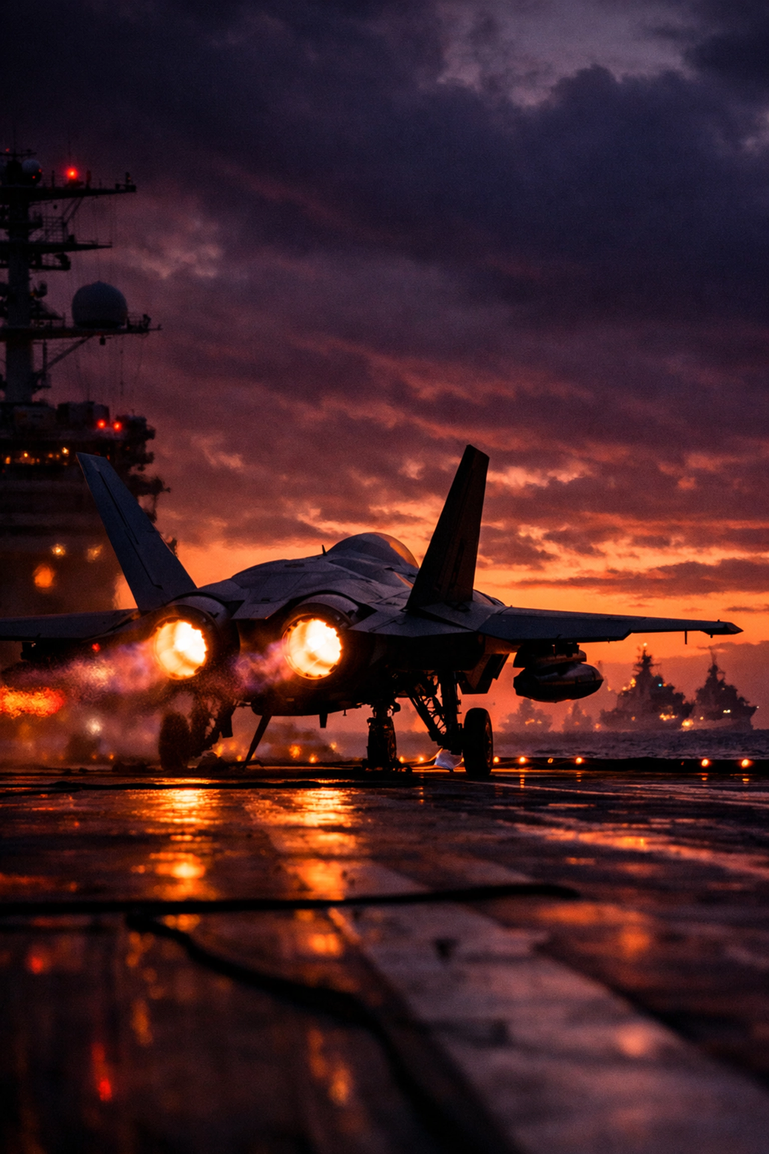 A stealth fighter jet on an aircraft carrier at dusk, symbolizing military escalation and readiness.