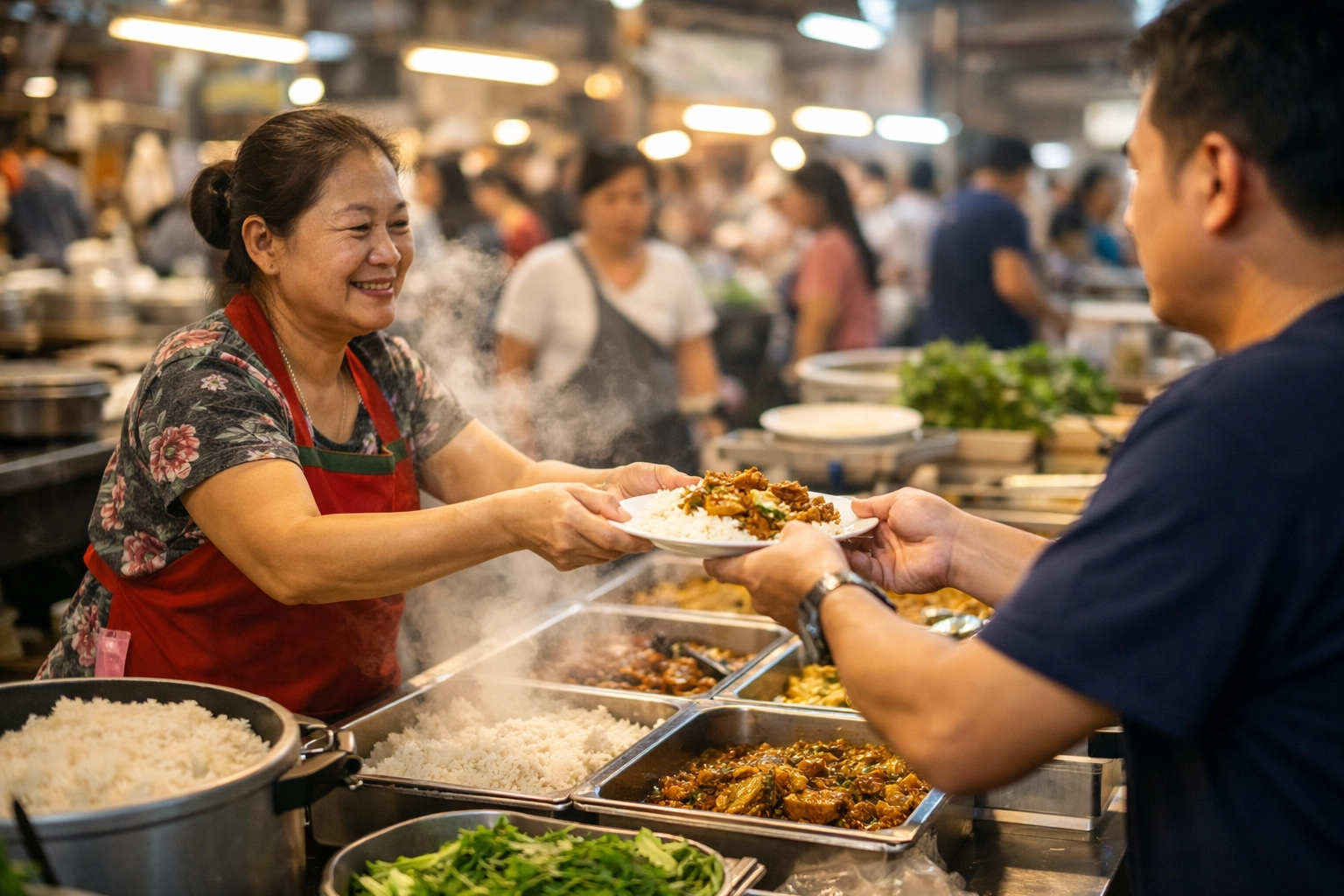 Locals buying fresh breakfast at Sam Yan Market, a top spot for budget travel food in Bangkok.