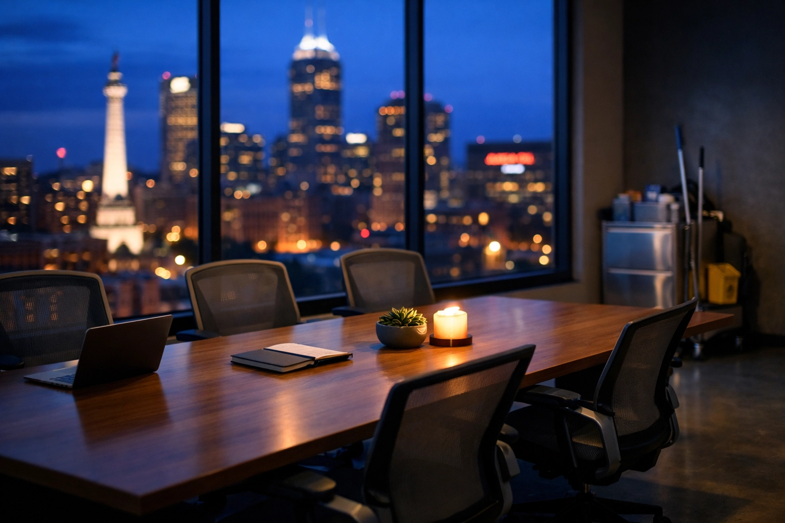 After-hours office cleaning in Indianapolis with professional equipment in a modern coworking workspace.