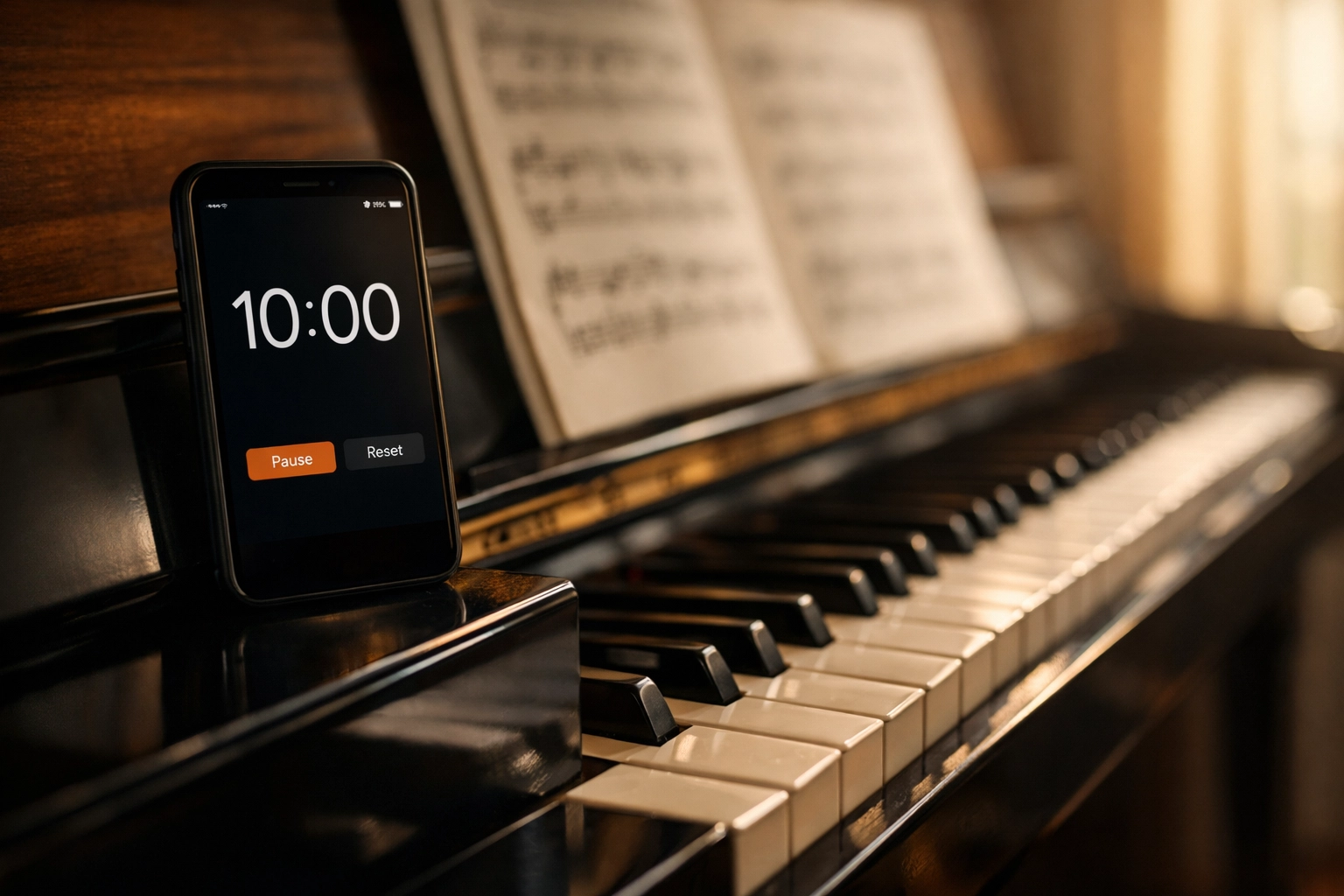 10-minute timer on piano with sheet music for efficient adult piano practice sessions