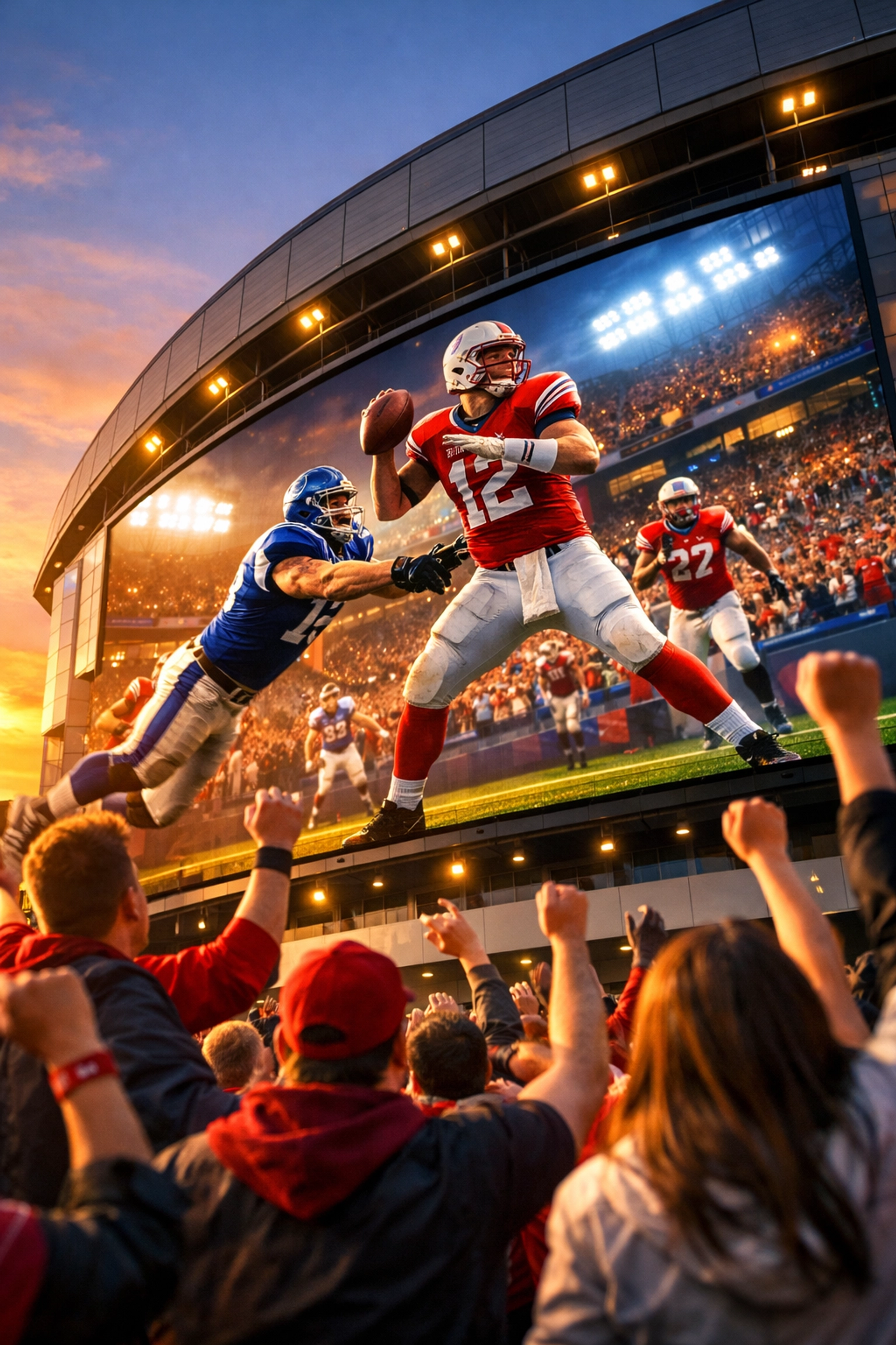 High-impact digital advertising screen at a sports arena engaging a large crowd of enthusiastic fans.