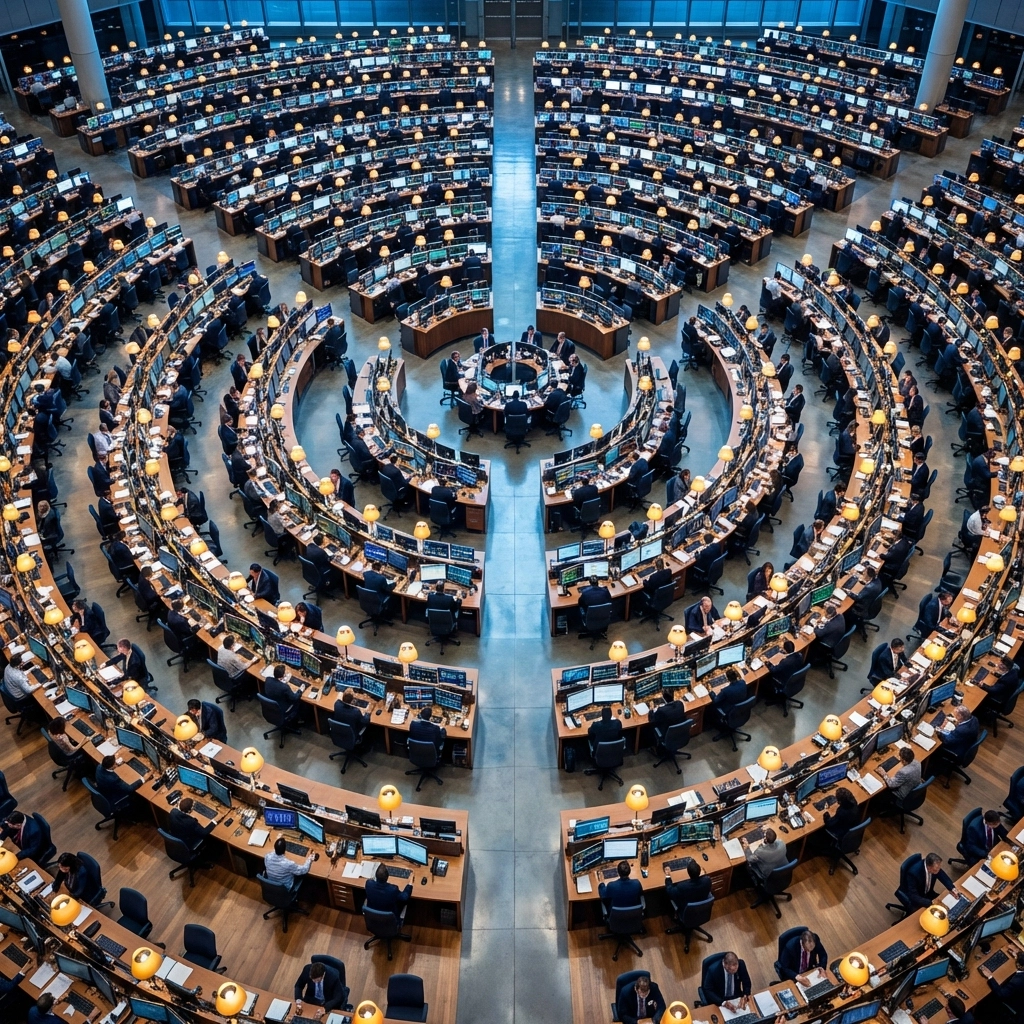 Institutional trading floor with traders at circular desks highlighting smart money and geographic diversification in investment strategies