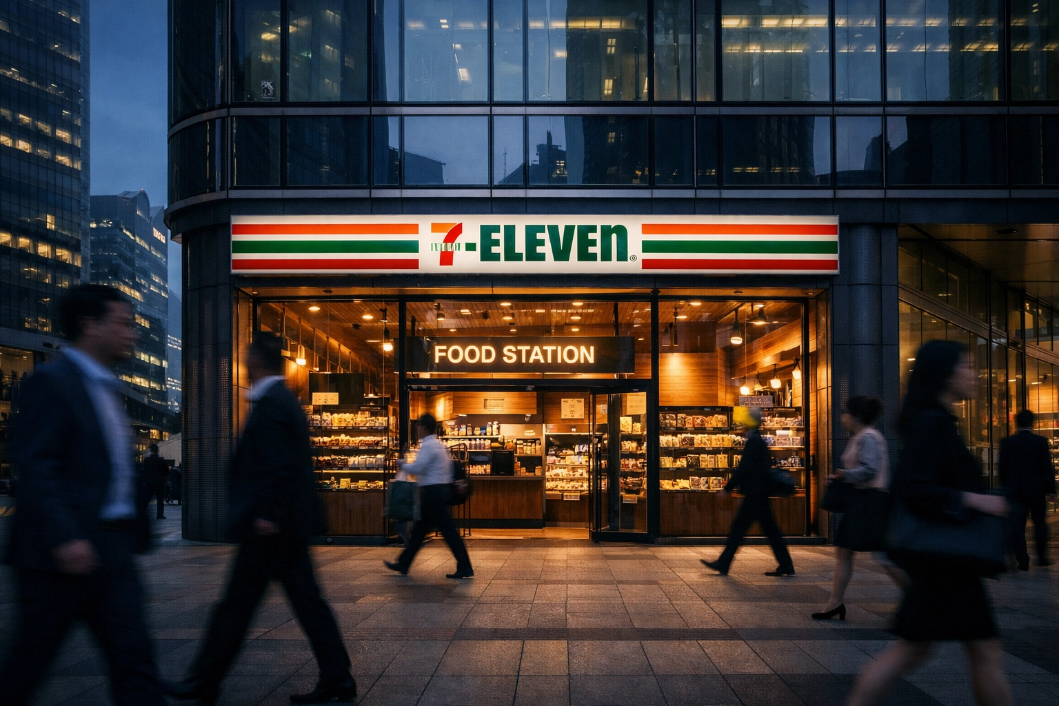 Modern 7-Eleven Korea Food Station storefront in Seoul's Gangnam office district at twilight.