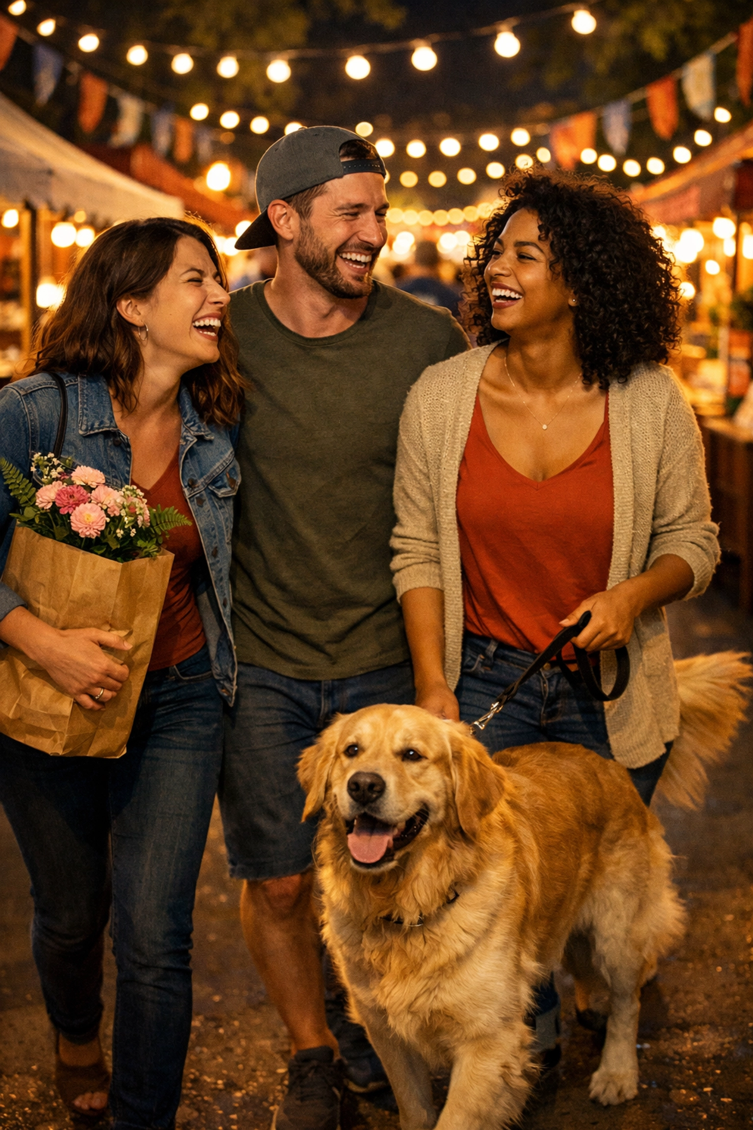 Friends shopping for unique handmade gifts at a community night market with their dog.
