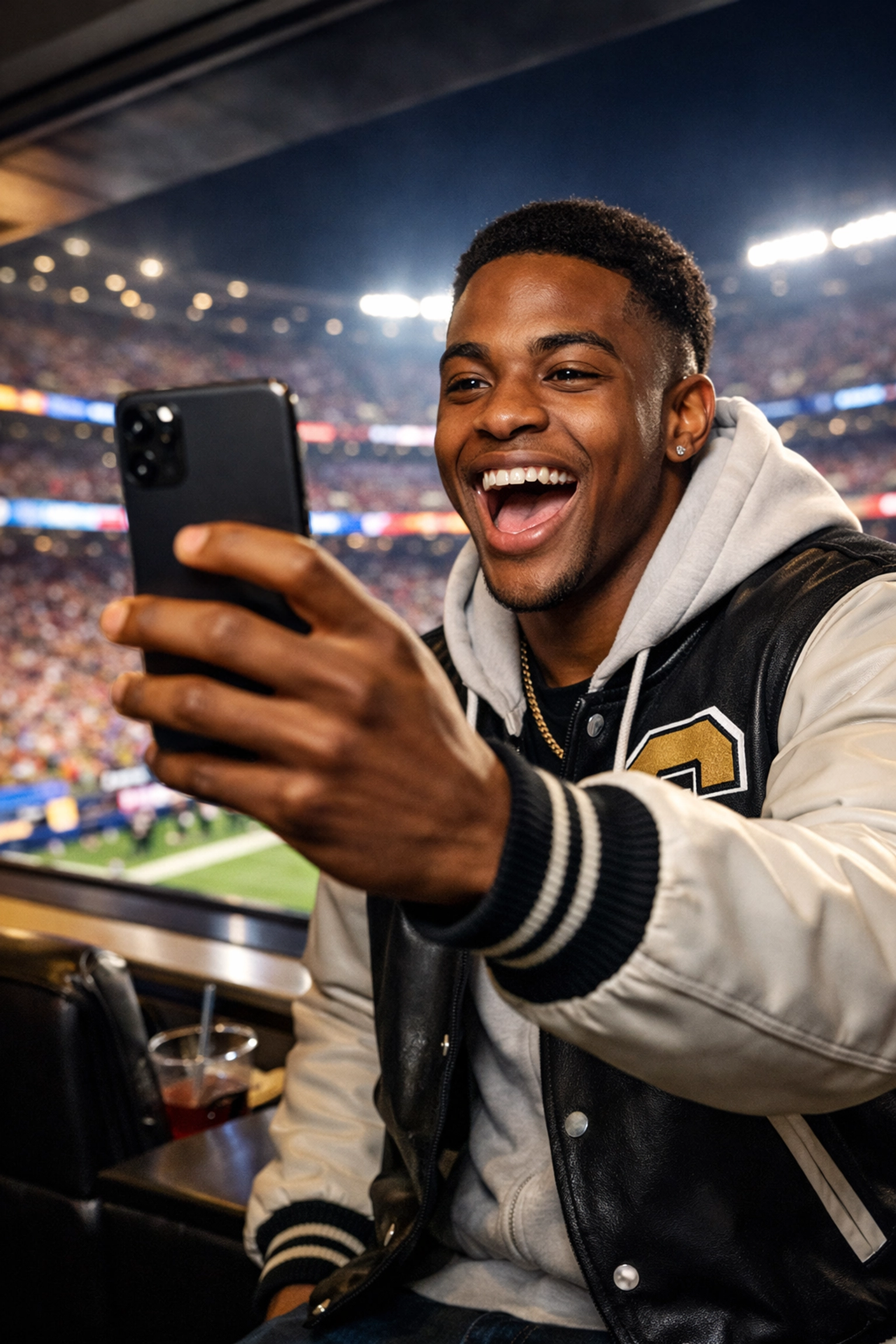 Student-athlete capturing a high-energy reaction video during a major football championship for NIL engagement.