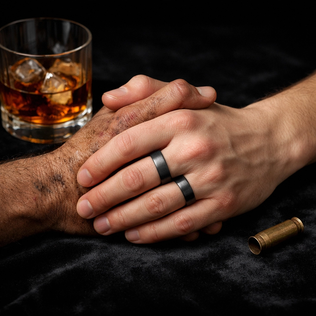 Two men holding hands beside a whiskey glass and shell casing, symbolizing the dark MM fiction aesthetic.